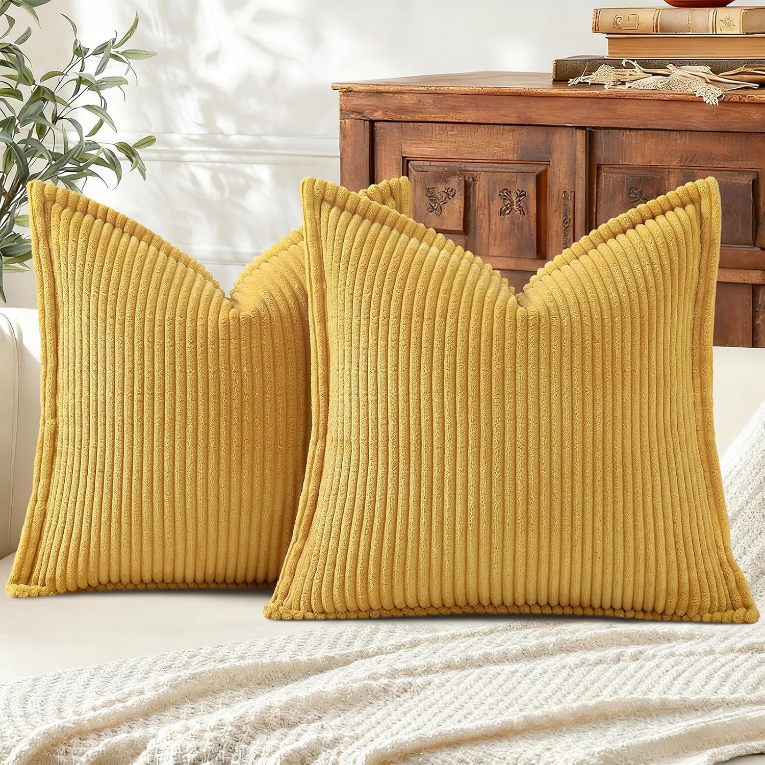 Boho Beige Throw Pillow Cover — 18" — Mustard Yellow