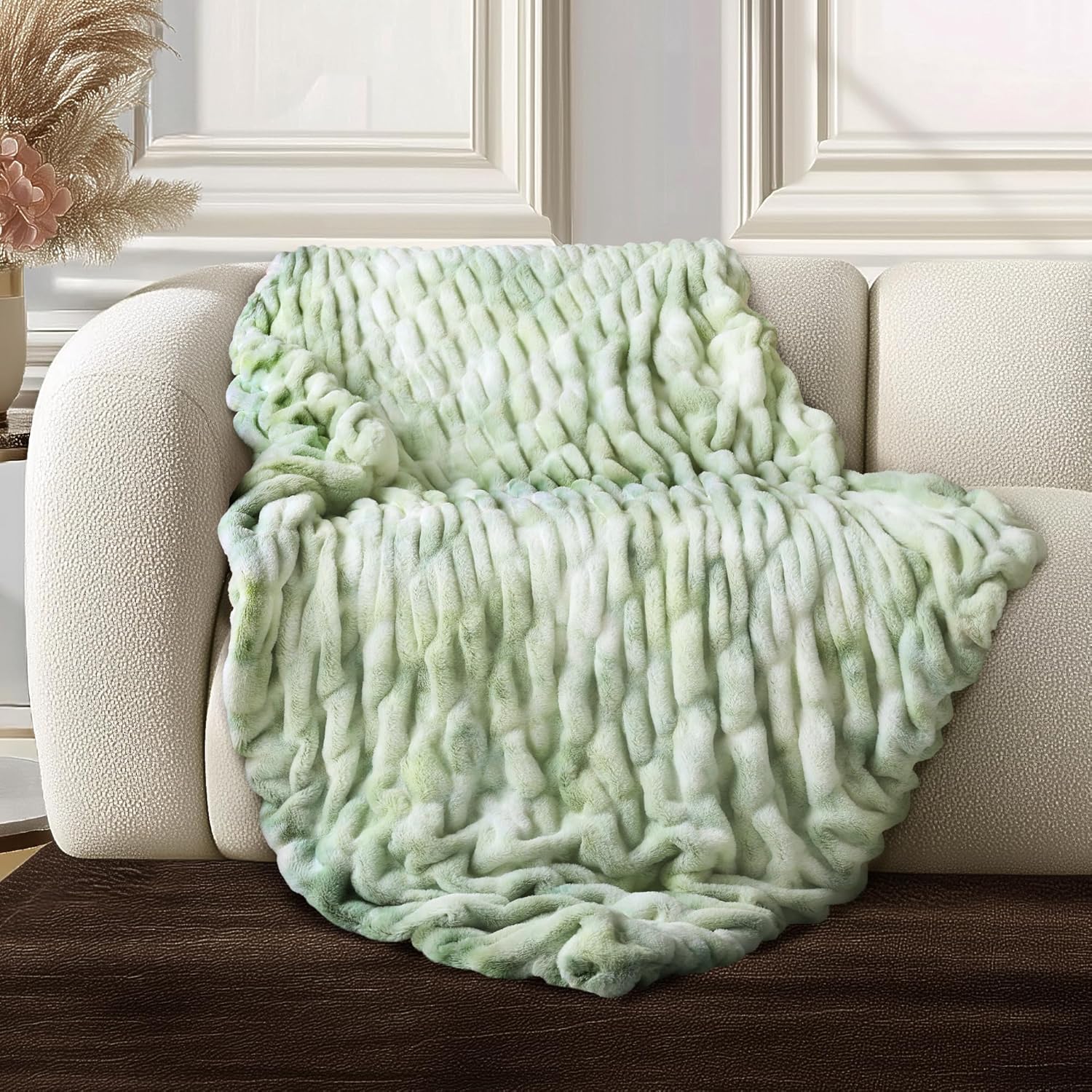 Luxe Beige Throw Pillow — 60" — Double Sided Tie-dye Sage