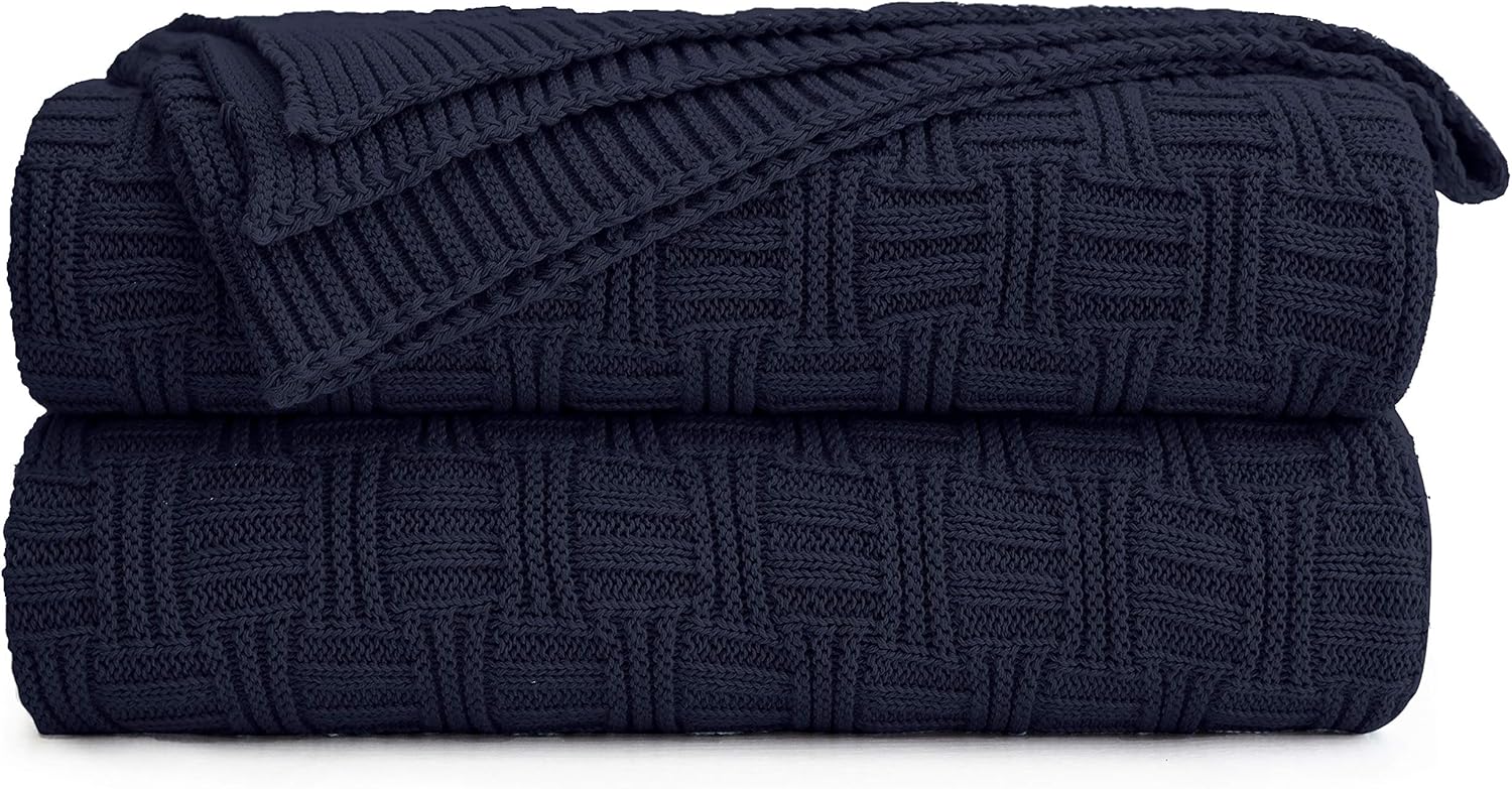 Knit Boho Beige Throw Pillow — 50" — Navy Blue, Stripe Pattern