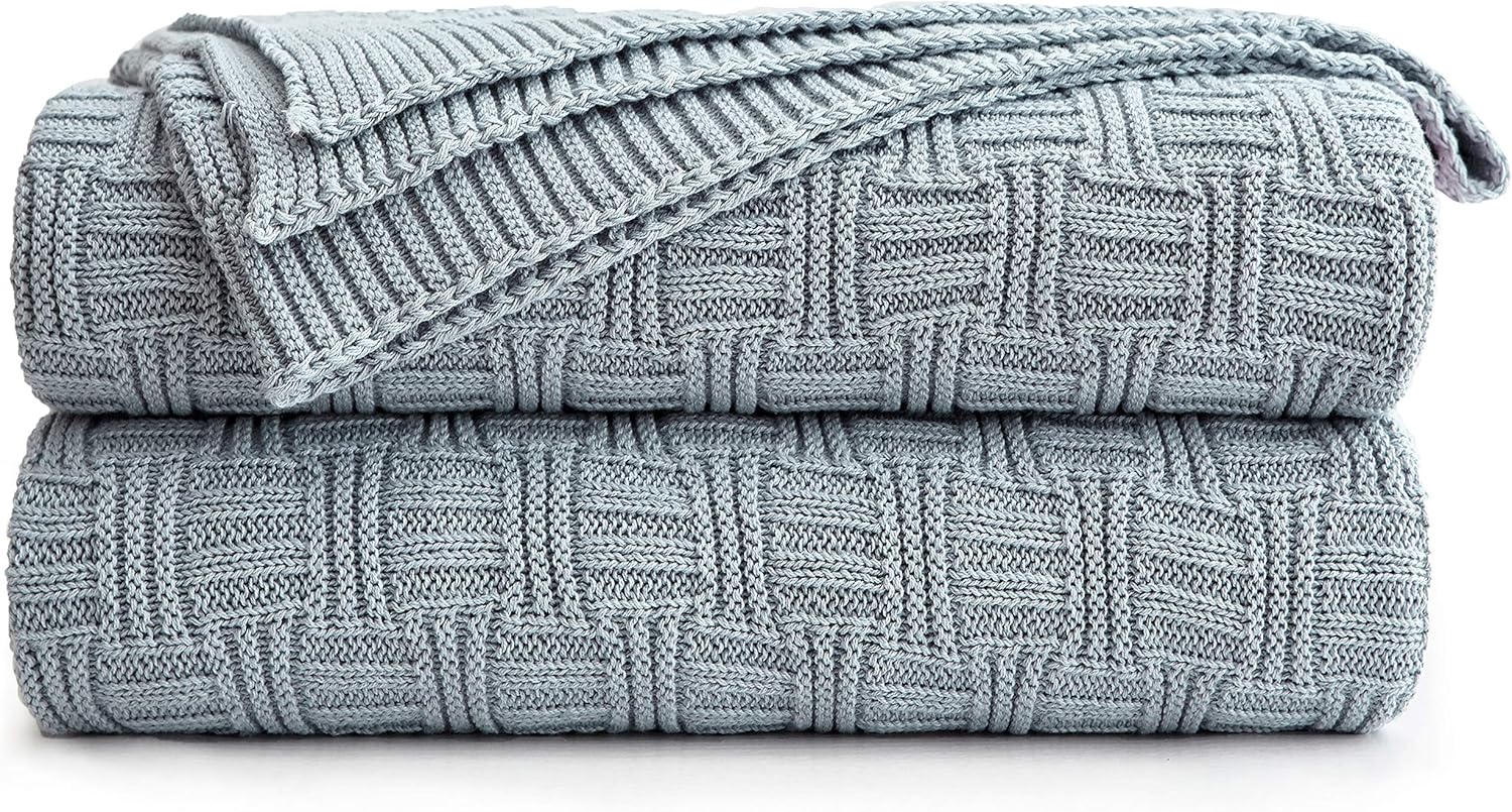Knit Boho Beige Throw Pillow — 50" — Grey Blue, Stripe Pattern