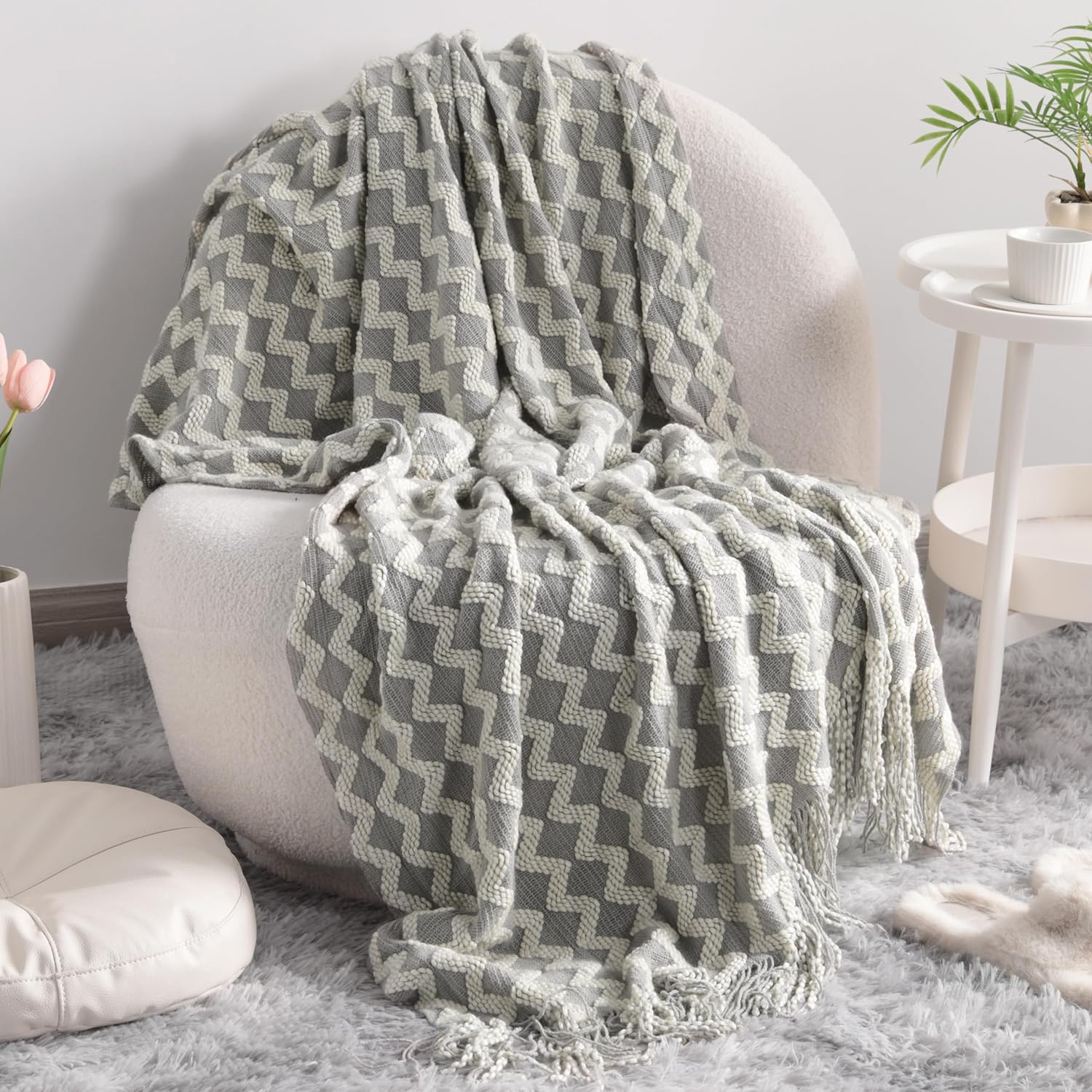 Boho Beige Throw Pillow — 51" — Smoke Grey