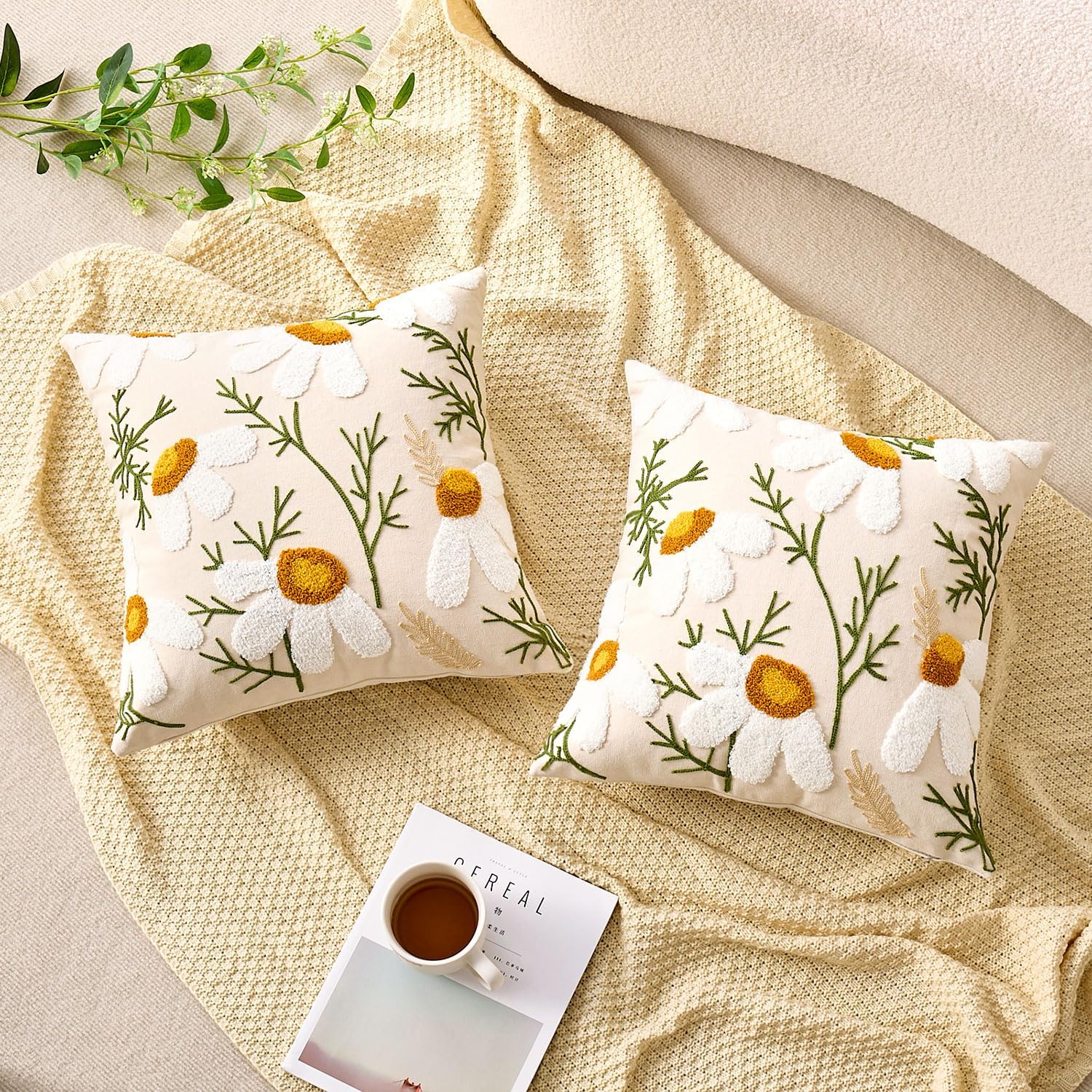 Tufted Boho Green Throw Pillow Cover — 16" - View 3