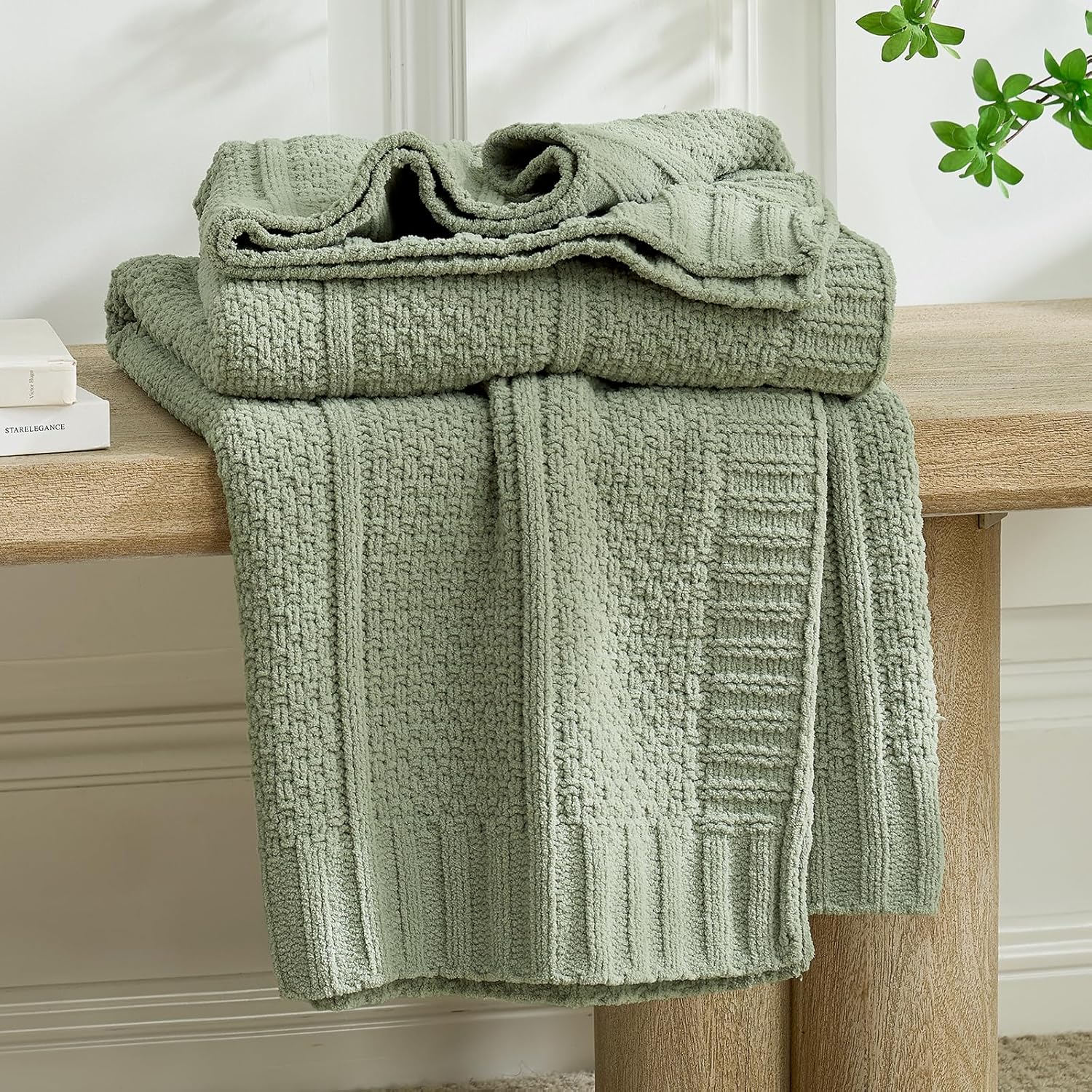 Knit Luxe Beige Throw Pillow — 50" — Sage Green