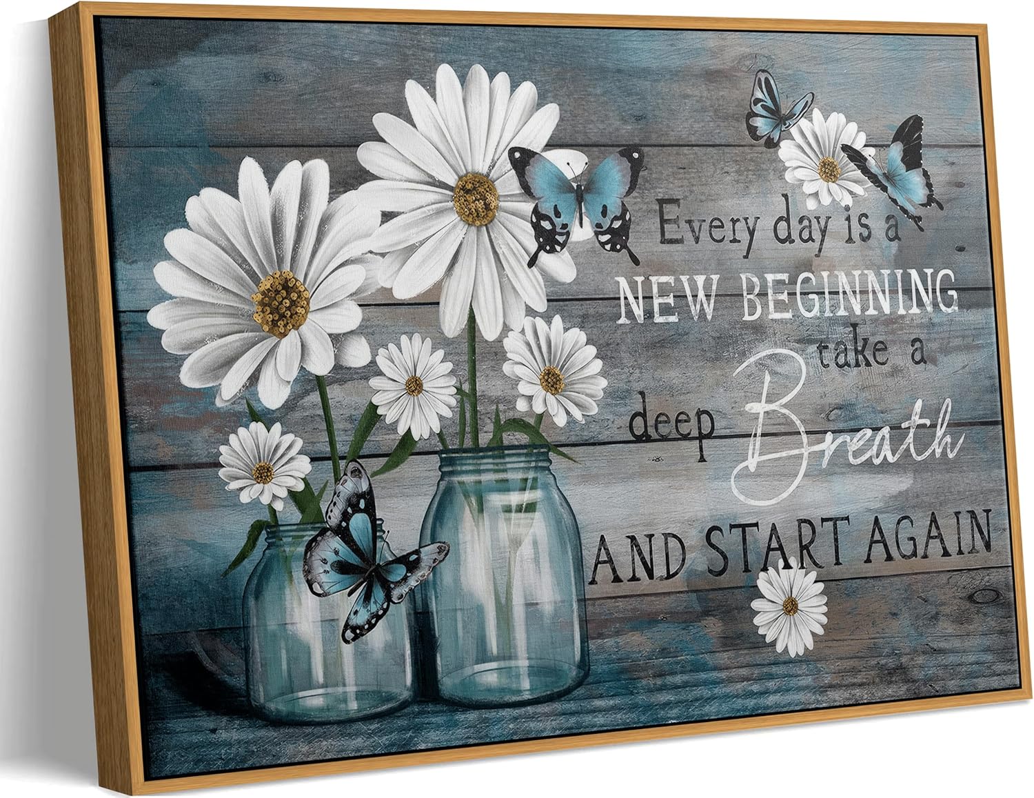 Vintage Farmhouse Blue Canvas Wall Art — 16" — Framed Daisy