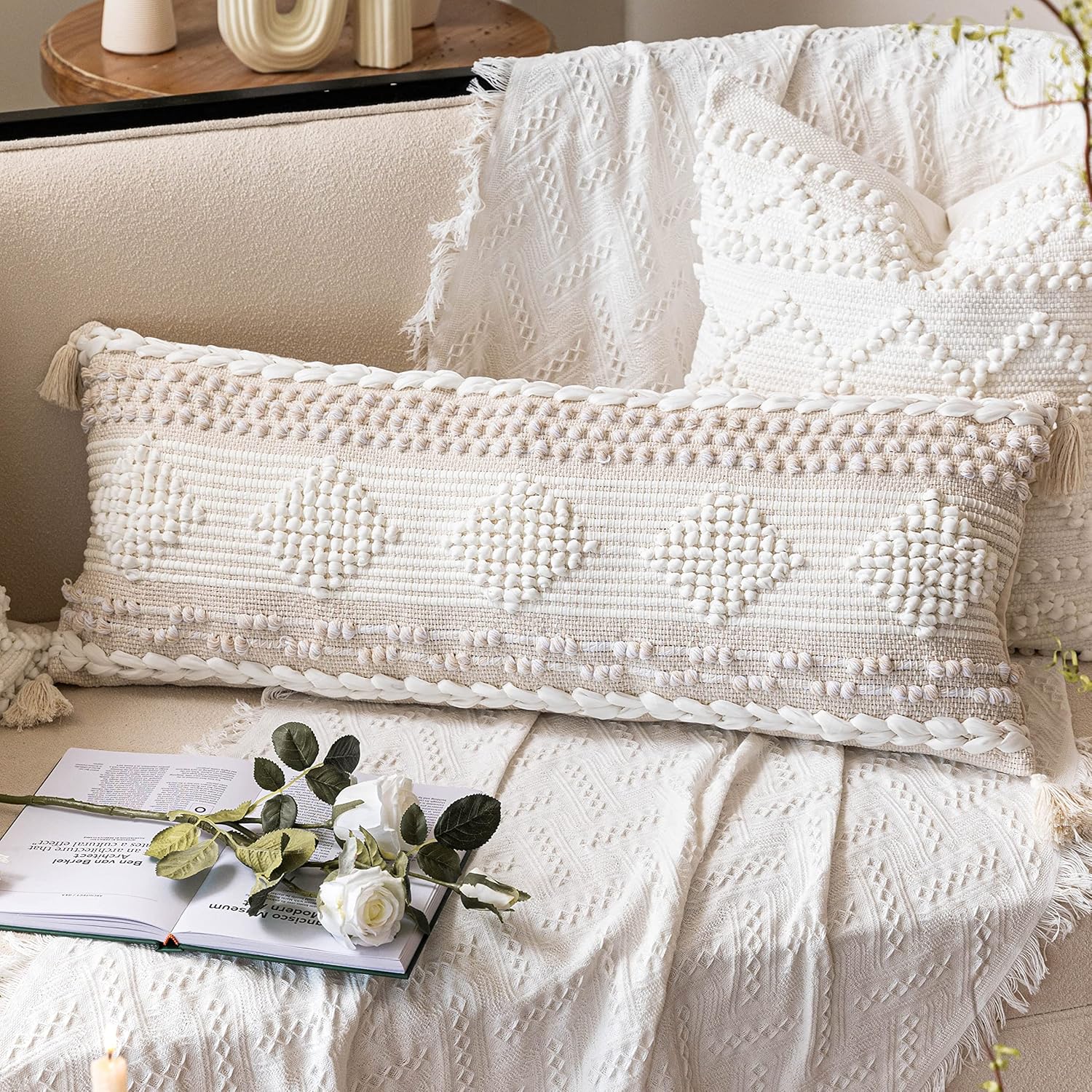 BlissBlush Cream Decorative Lumbar Throw Pillow Cover 14x36 Boho Long Cushion for Bed Neutral Beige White Accent Modern Farmhouse Pillowcase for Bedroom Living Room Couch Sofa Home Décor Cover ONLY 36" x 14" (Pack of 1) White Cream - Image 12