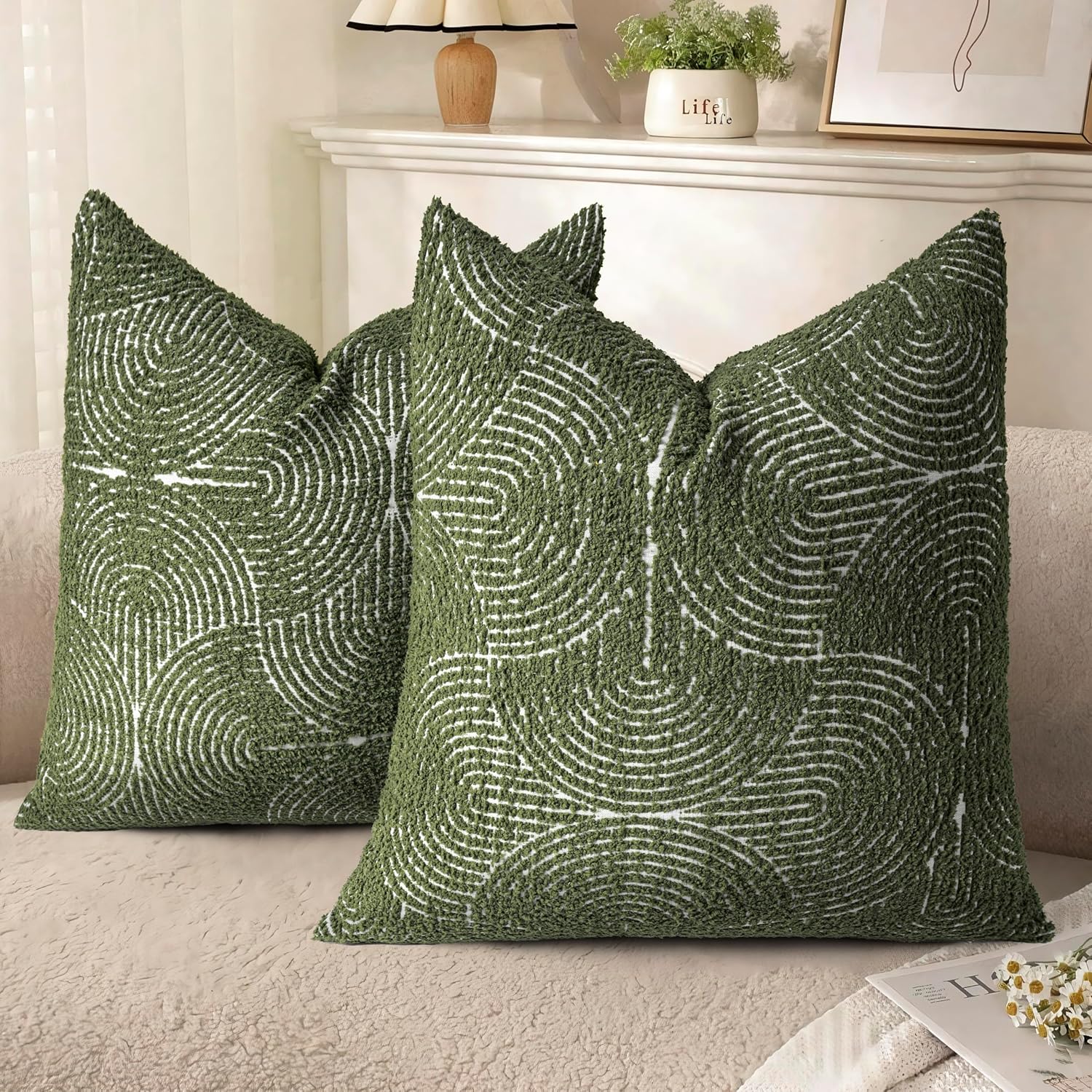 Tufted Boho Beige Throw Pillow Cover — 18" — Olive Green
