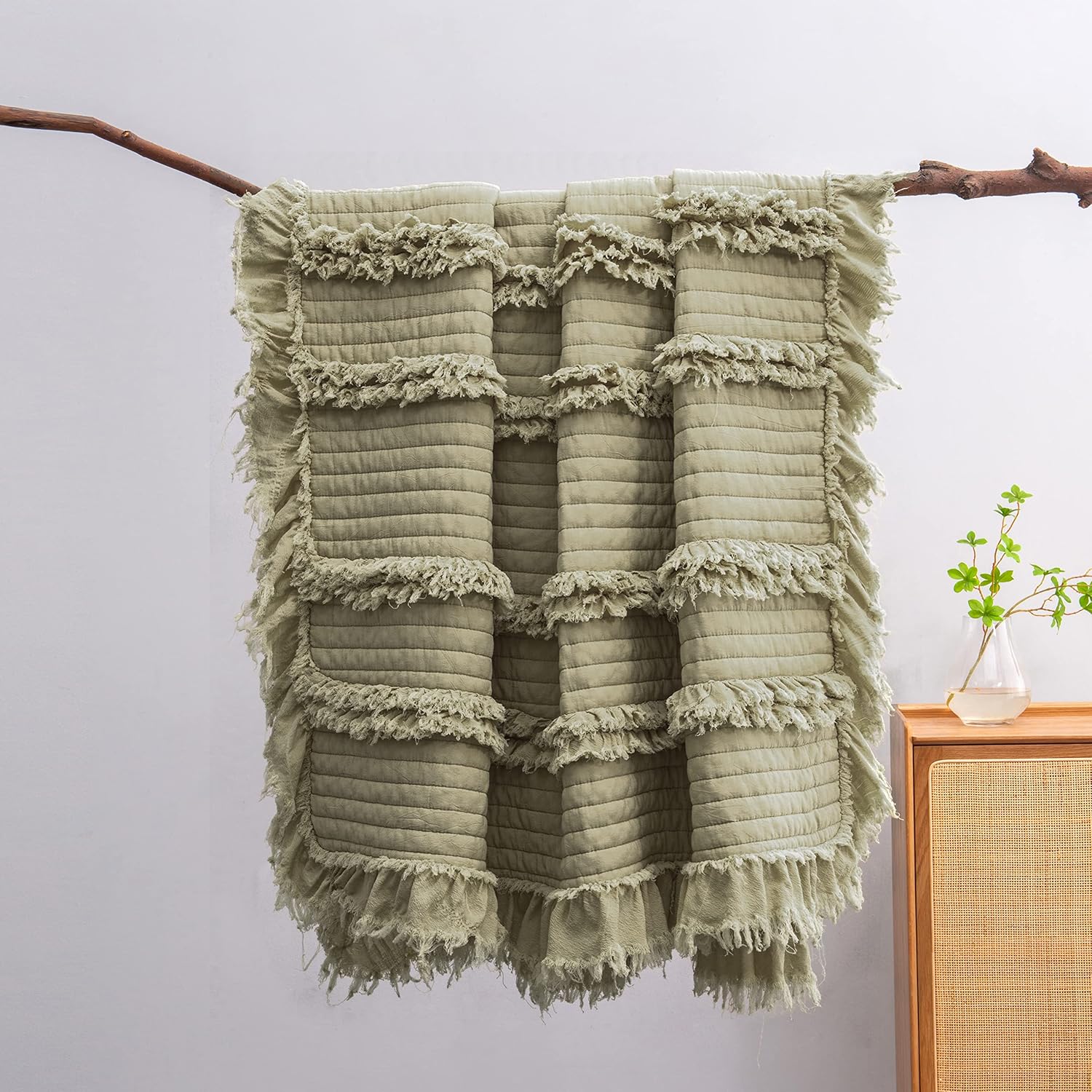 Fringed Boho Beige Throw Pillow — 50" — Green