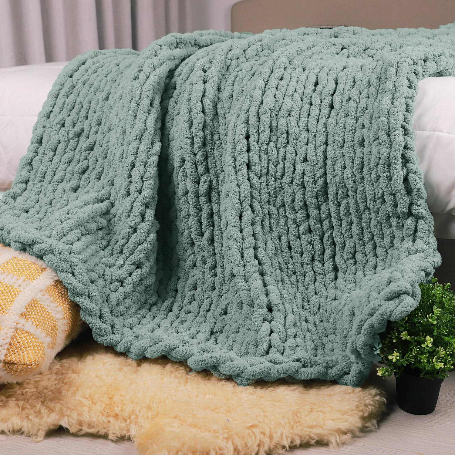 Knit Boho Beige Throw Pillow — 50" — Sage Green