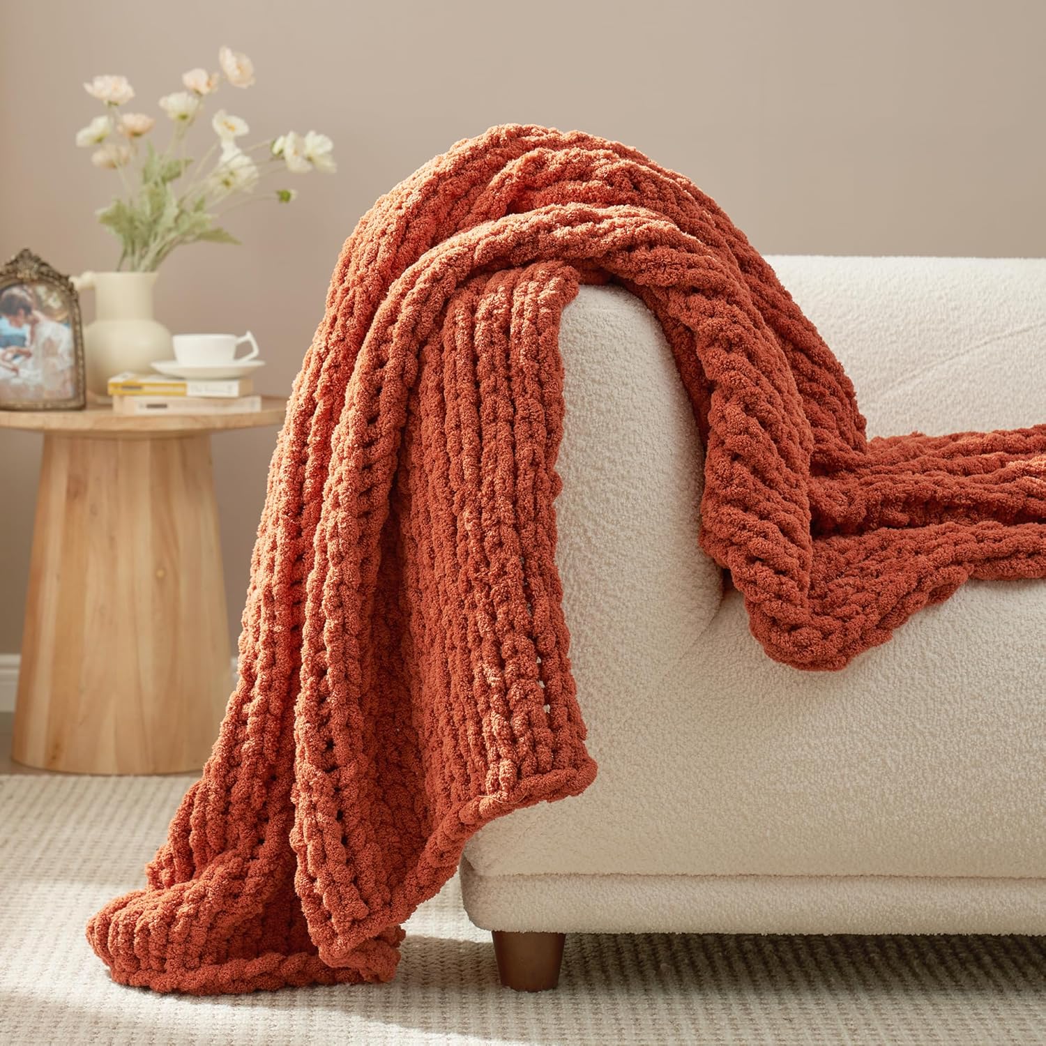 Knit Beige Throw Pillow — 50" — Burnt Orange