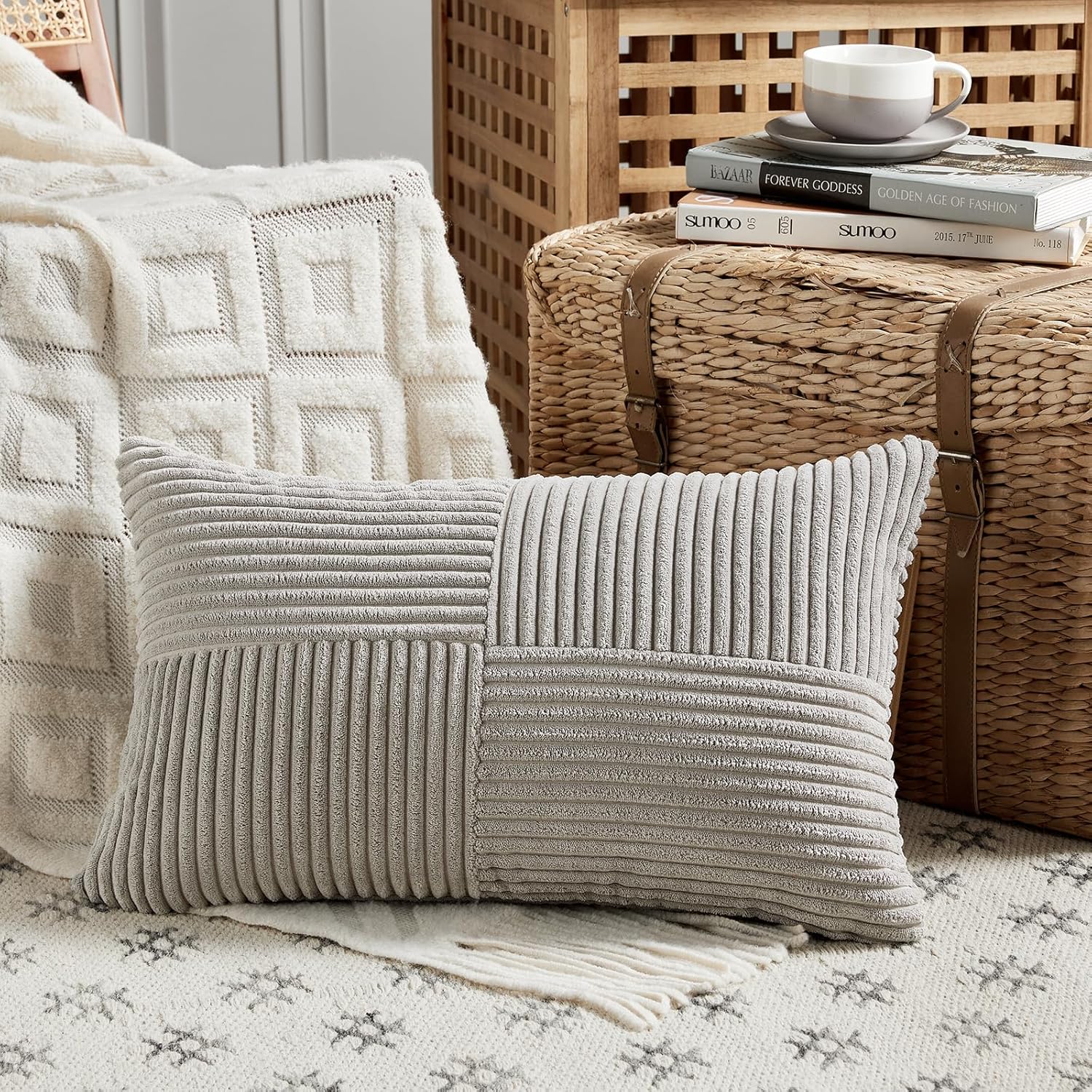 Lumbar Boho Beige Throw Pillow Cover — 20" — 24" x 14" (Pack of 1)