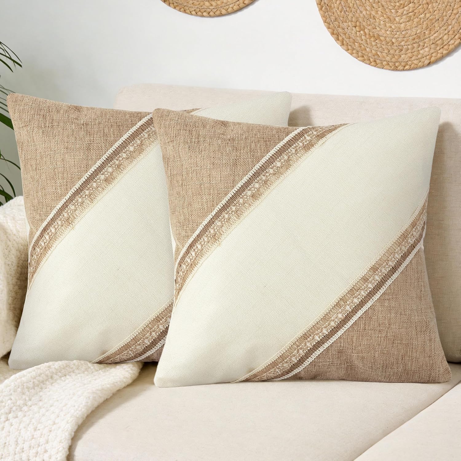 Linen Boho Beige Throw Pillow Cover — 18" — Diagonal Trim-khaki