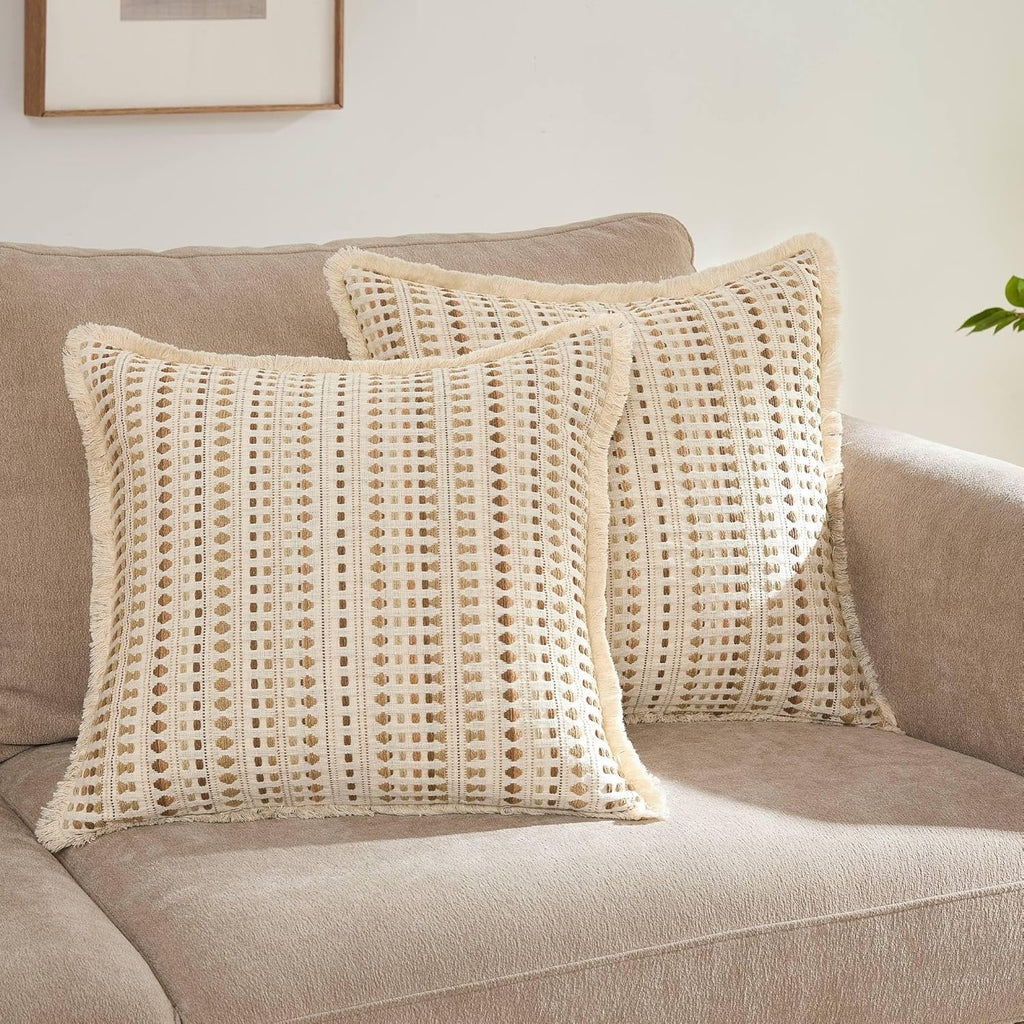 Embroidered Boho Beige Throw Pillow Cover — 20" — Beige