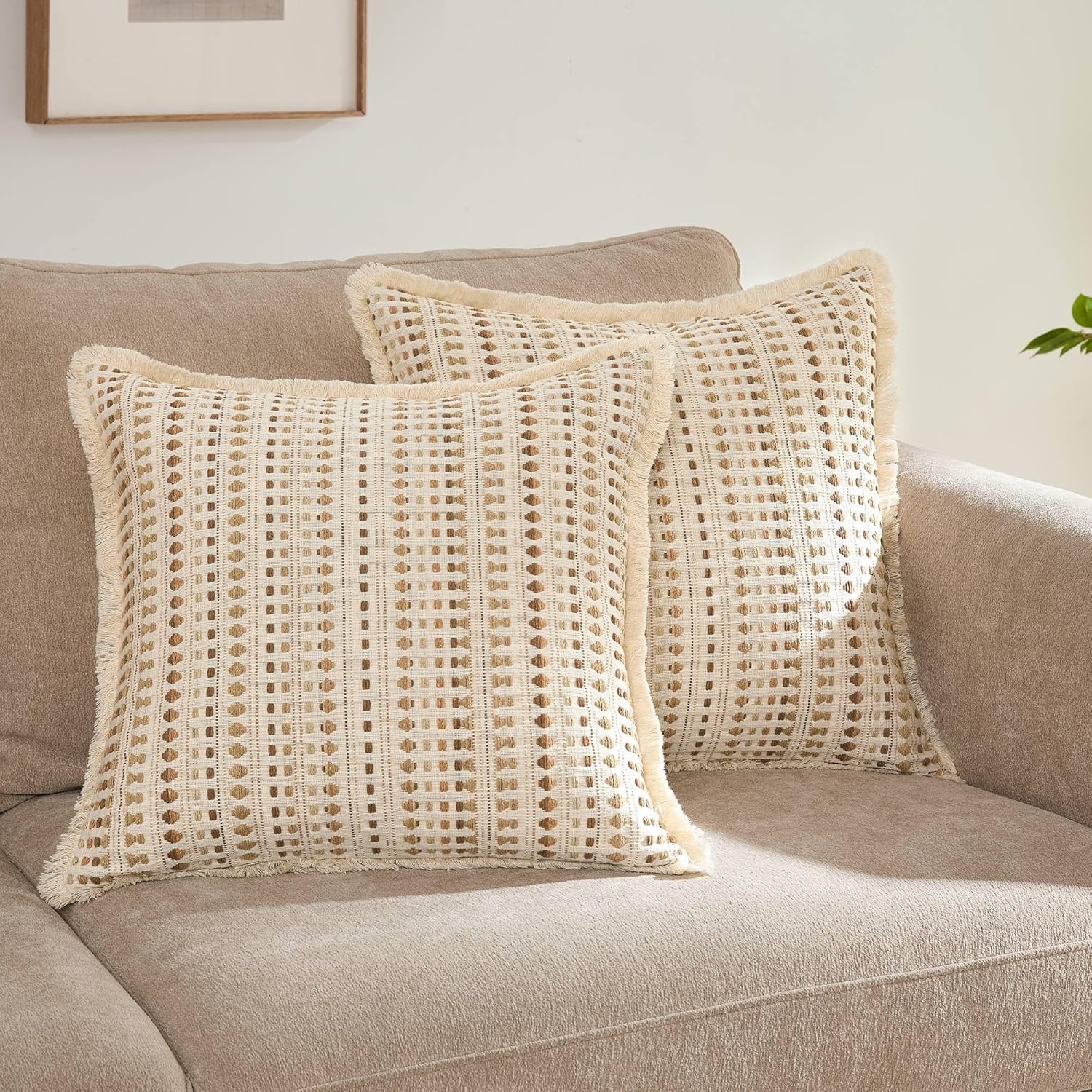 Embroidered Boho Beige Throw Pillow Cover — 20" — Beige