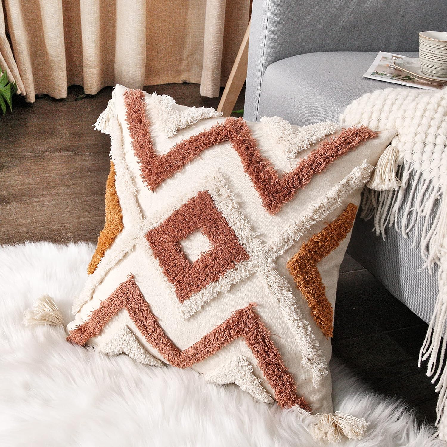 Tufted Boho Blue Throw Pillow Cover — 18" — Orange-b