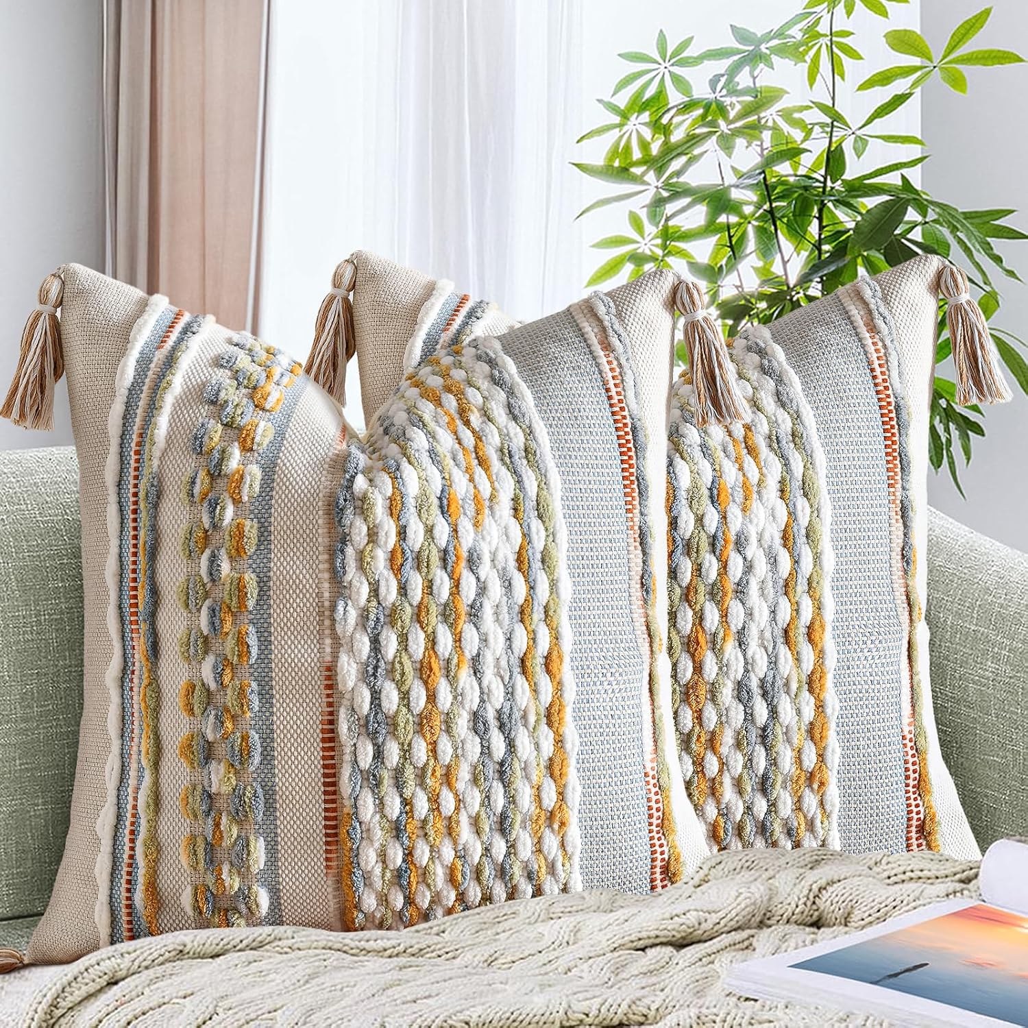 Chenille Boho Beige Throw Pillow Cover — 18" — 18" x 18" (Pack of 2)