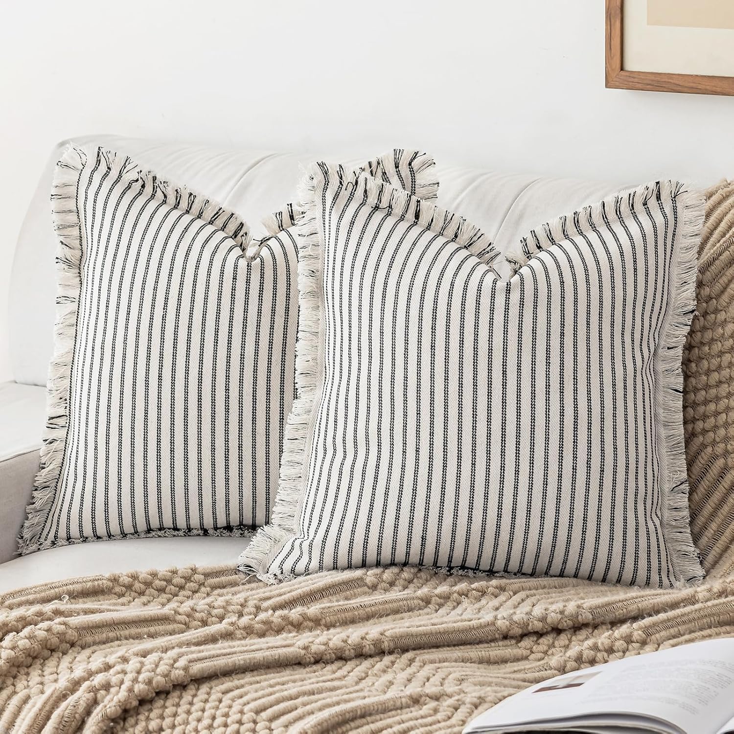 Boho Beige Throw Pillow Cover — 18" — Black