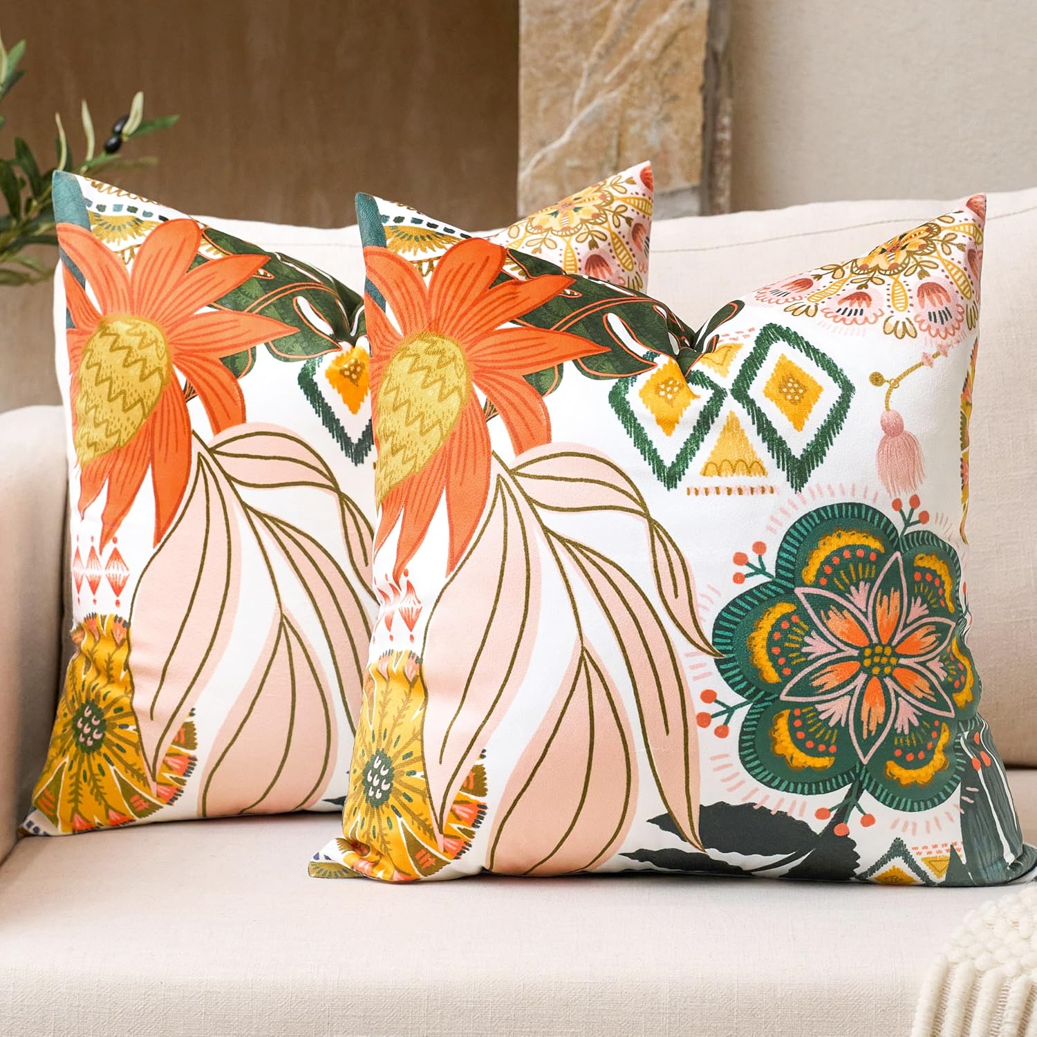 Velvet Boho Orange Throw Pillow Cover — 18" — Blush Pearl