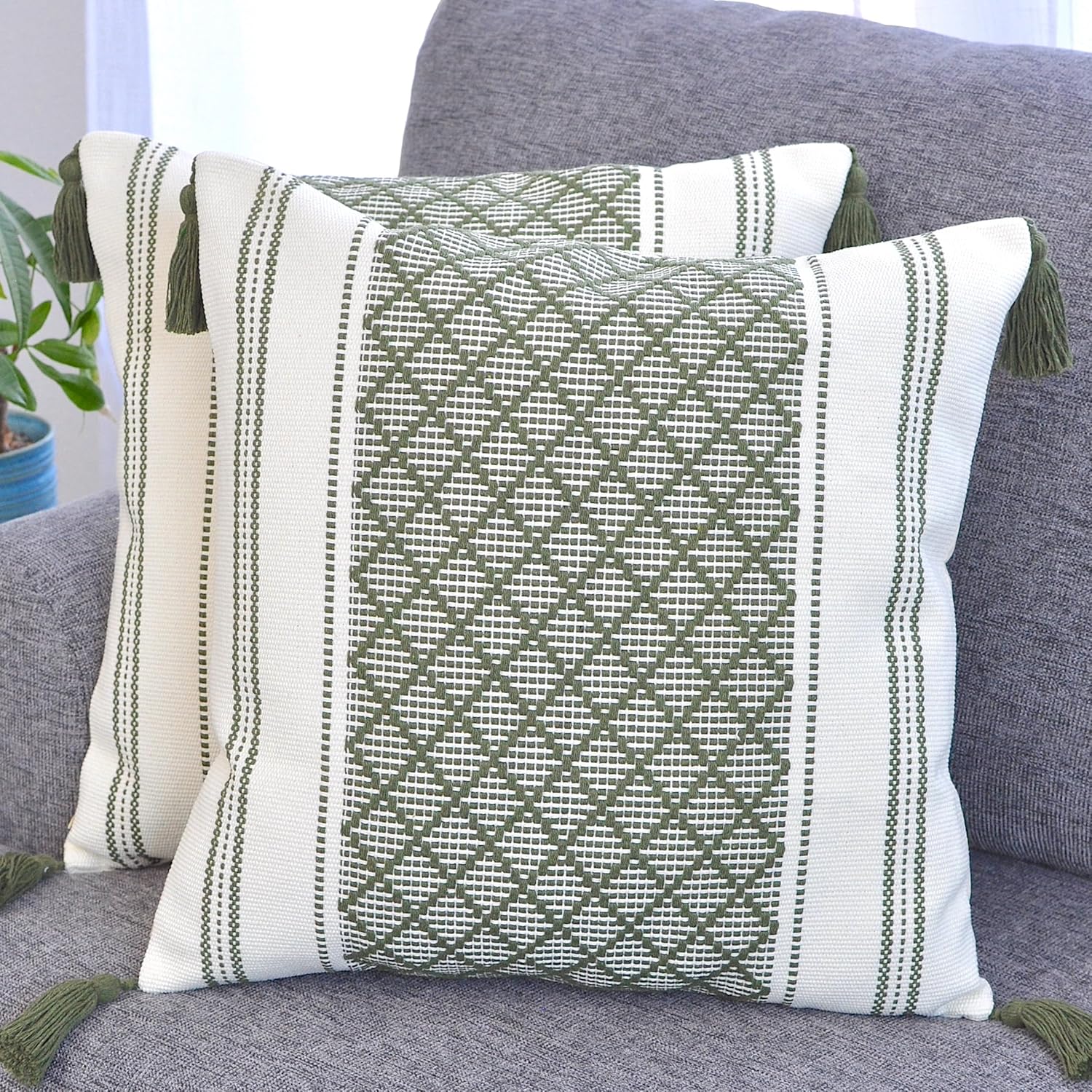 Boho Black Throw Pillow Cover — 20" — Olive Green