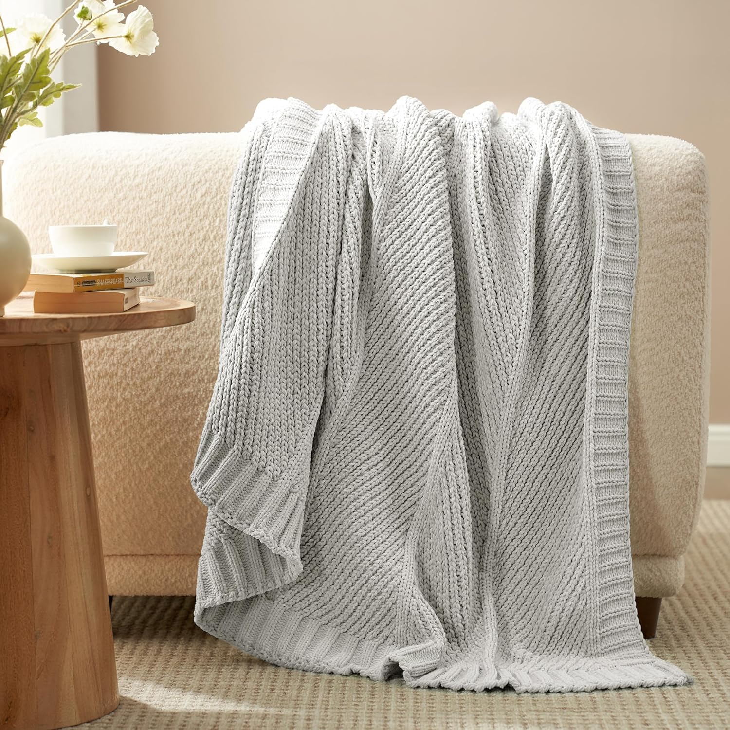 Knit Beige Throw Pillow — 50" — Chervon Light Gray
