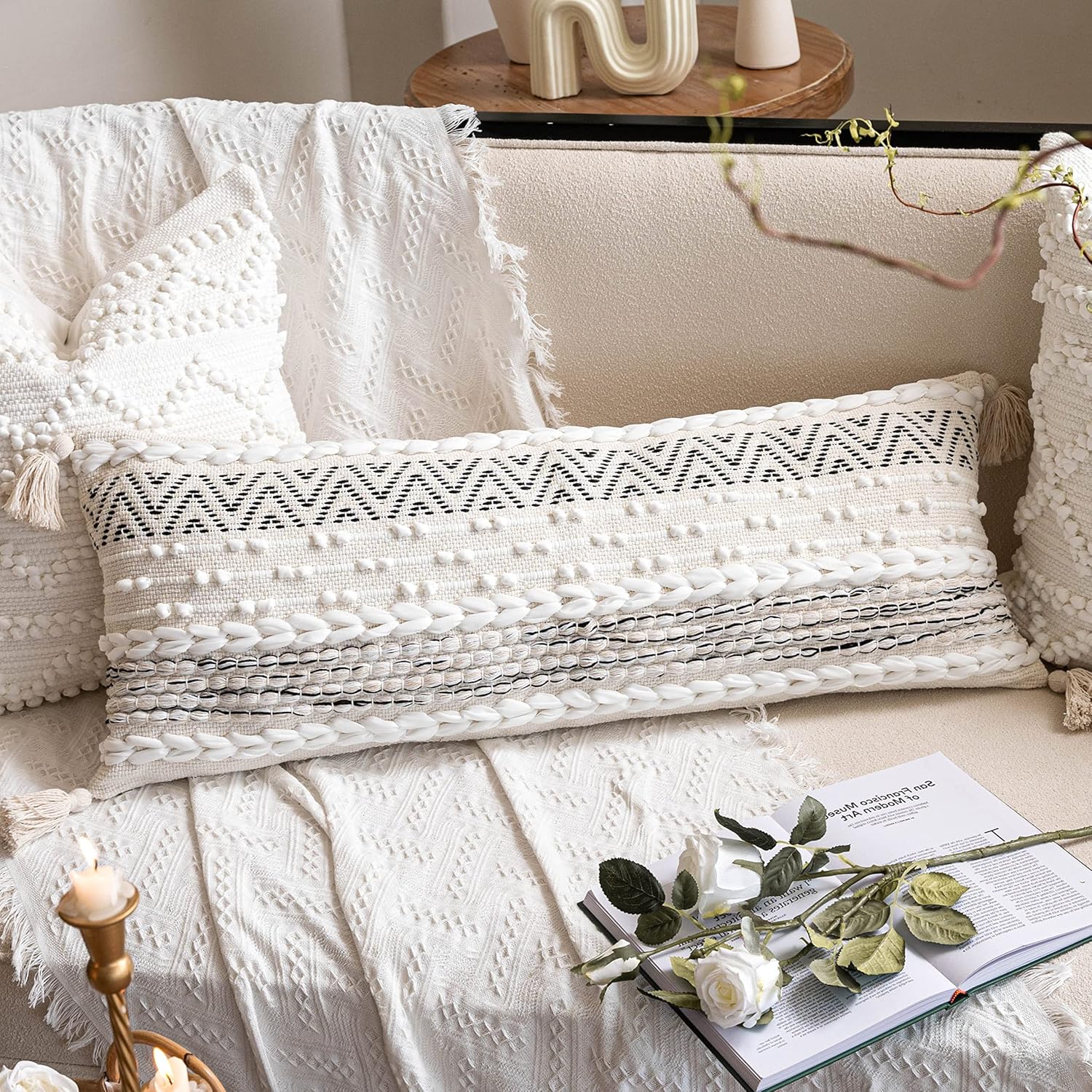 BlissBlush Cream Decorative Lumbar Throw Pillow Cover 14x36 Boho Long Cushion for Bed Neutral Beige White Accent Modern Farmhouse Pillowcase for Bedroom Living Room Couch Sofa Home Décor Cover ONLY 36" x 14" (Pack of 1) White Cream - Image 11
