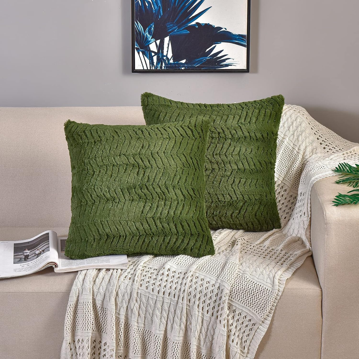 Boho Blue Throw Pillow Cover — 18" — Olive Green-luxury Fur