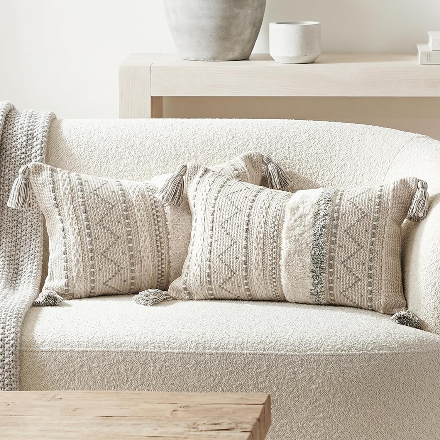 Tufted Boho Beige Pillow Cover — 36" — 20" x 12" (Pack of 2)