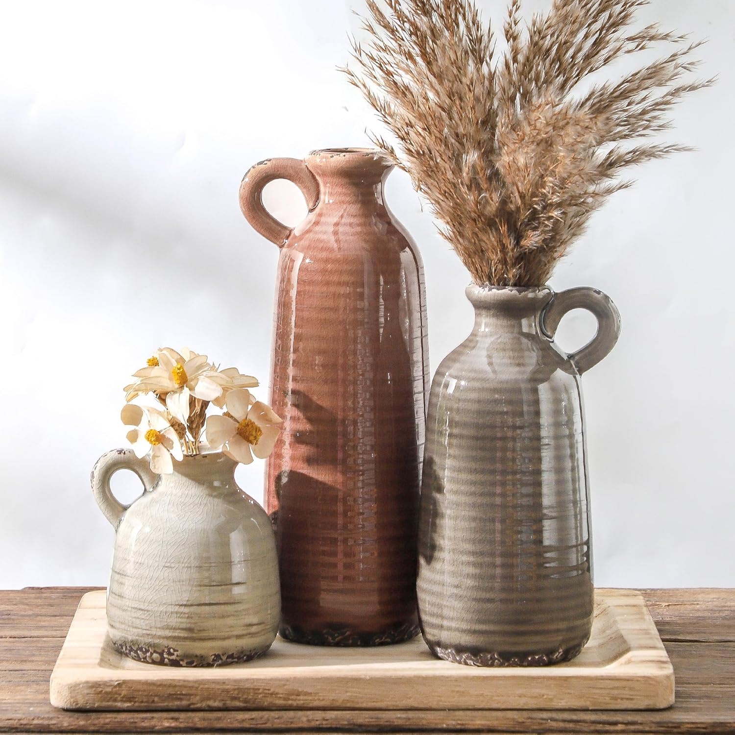 Boho Brown Flower Vase — Set of 3 — 010 Vase Set With Handle - Brown