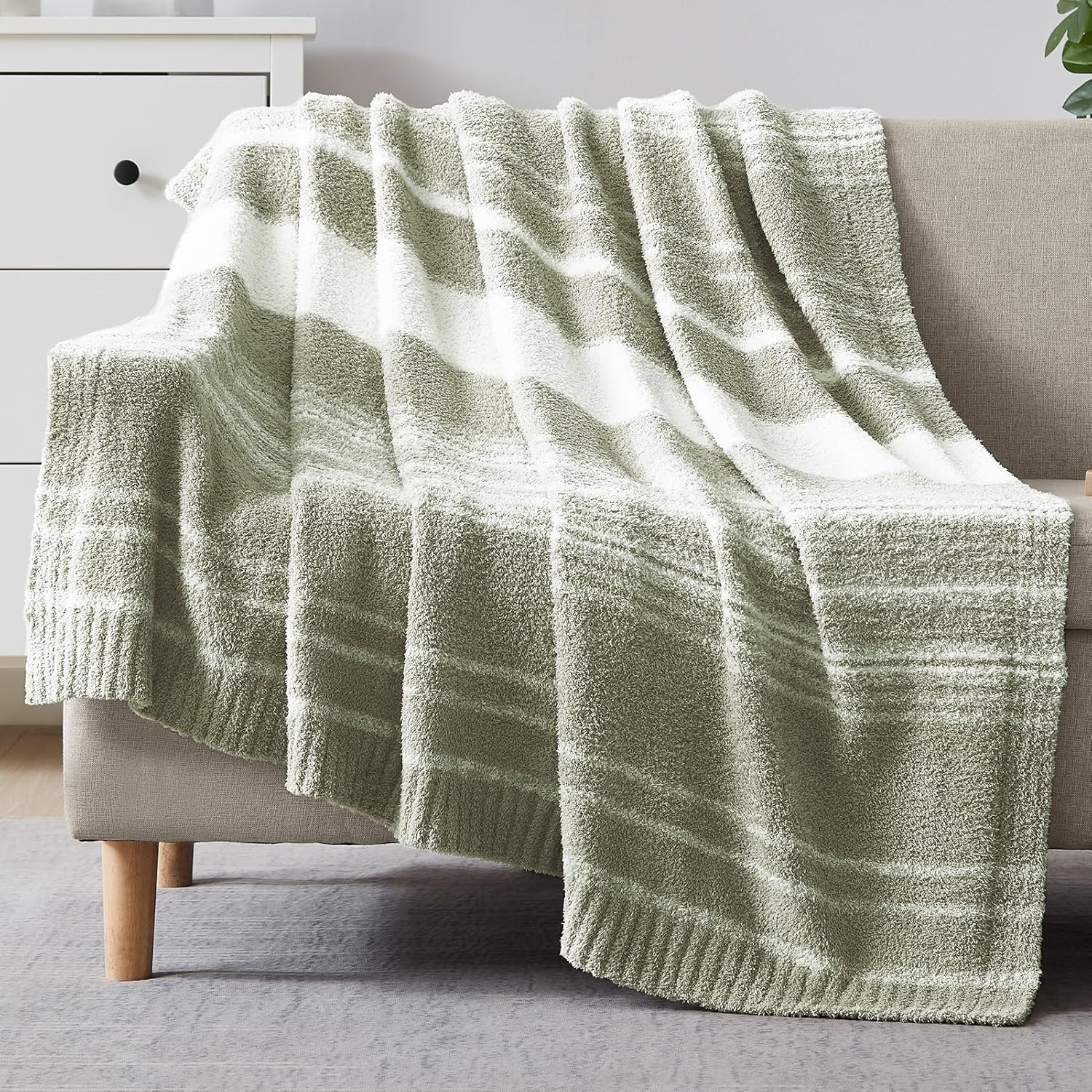 Beige Throw Pillow — 50" — Sage Green Striped