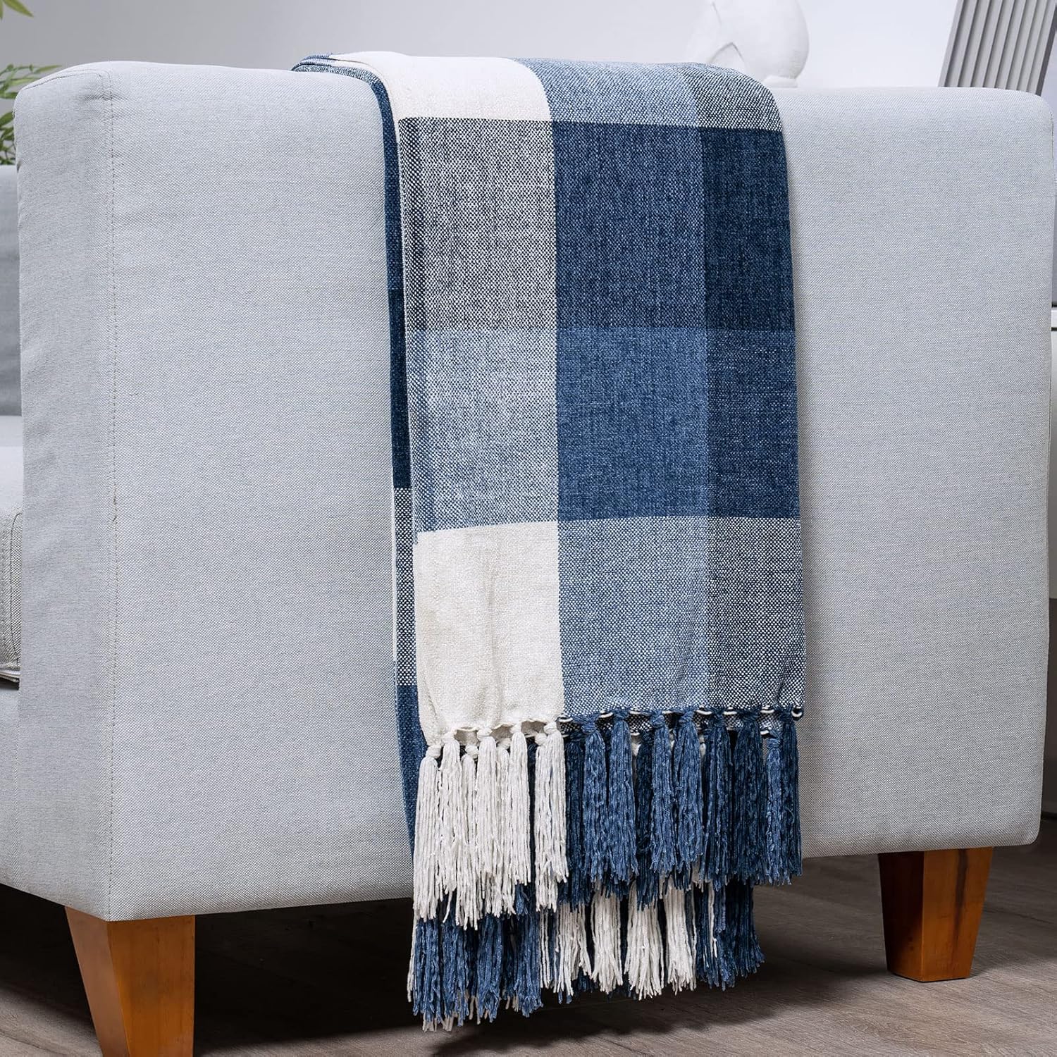 Chenille Boho Beige Throw Pillow — 50" — Plaid Navy Off White