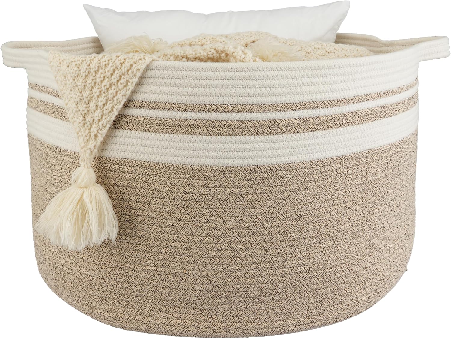 Round Boho Black Throw Pillow — 22" — white and brown