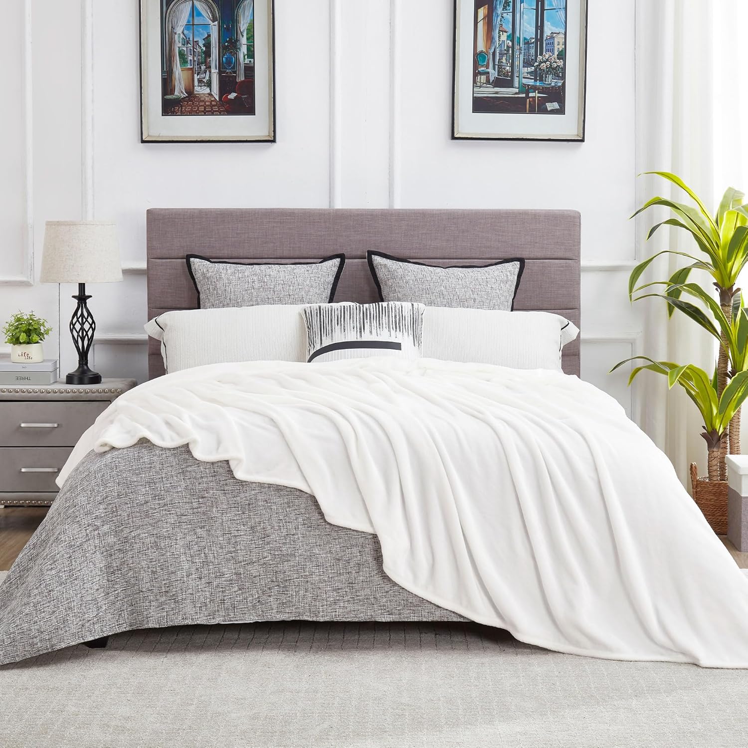 Velvet Luxe Beige Throw Pillow — 50" — Plain - White