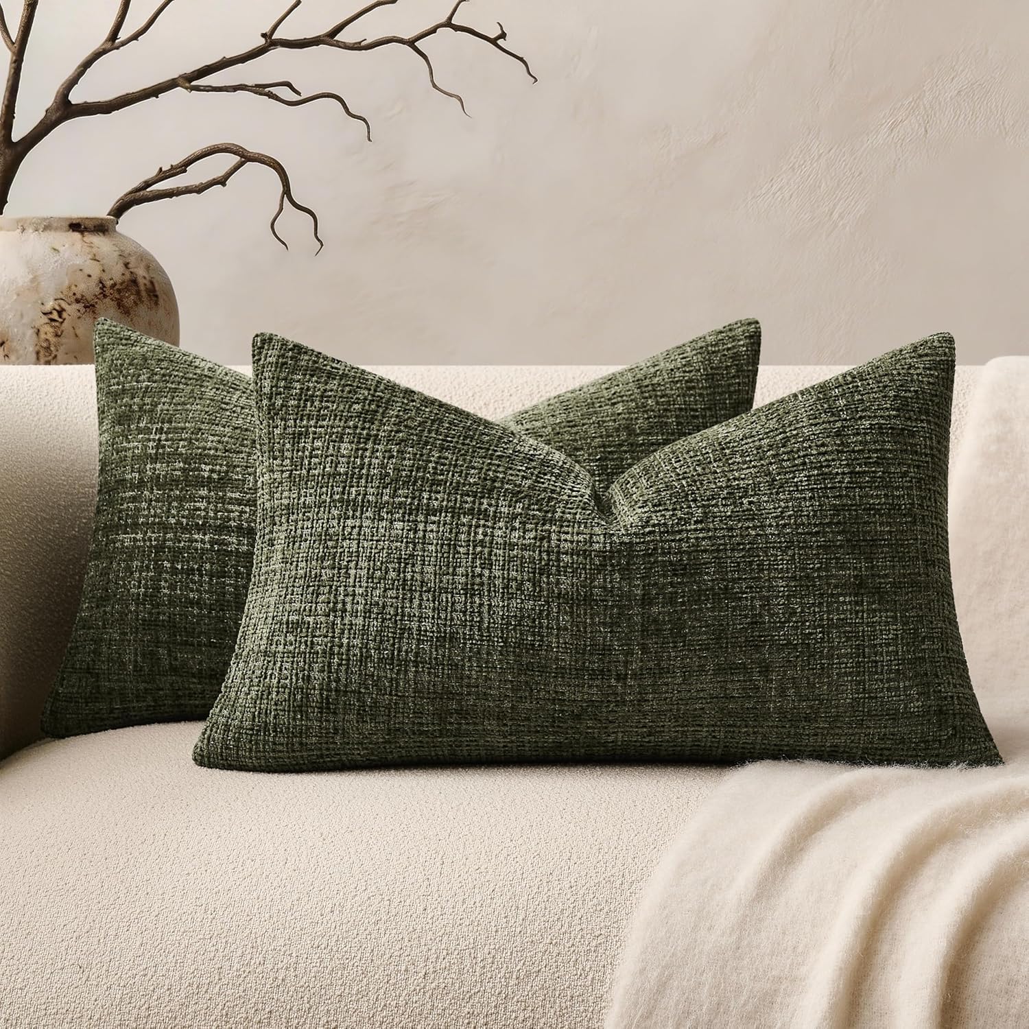 Chenille Boho Blue Throw Pillow Cover — 20" — Olive