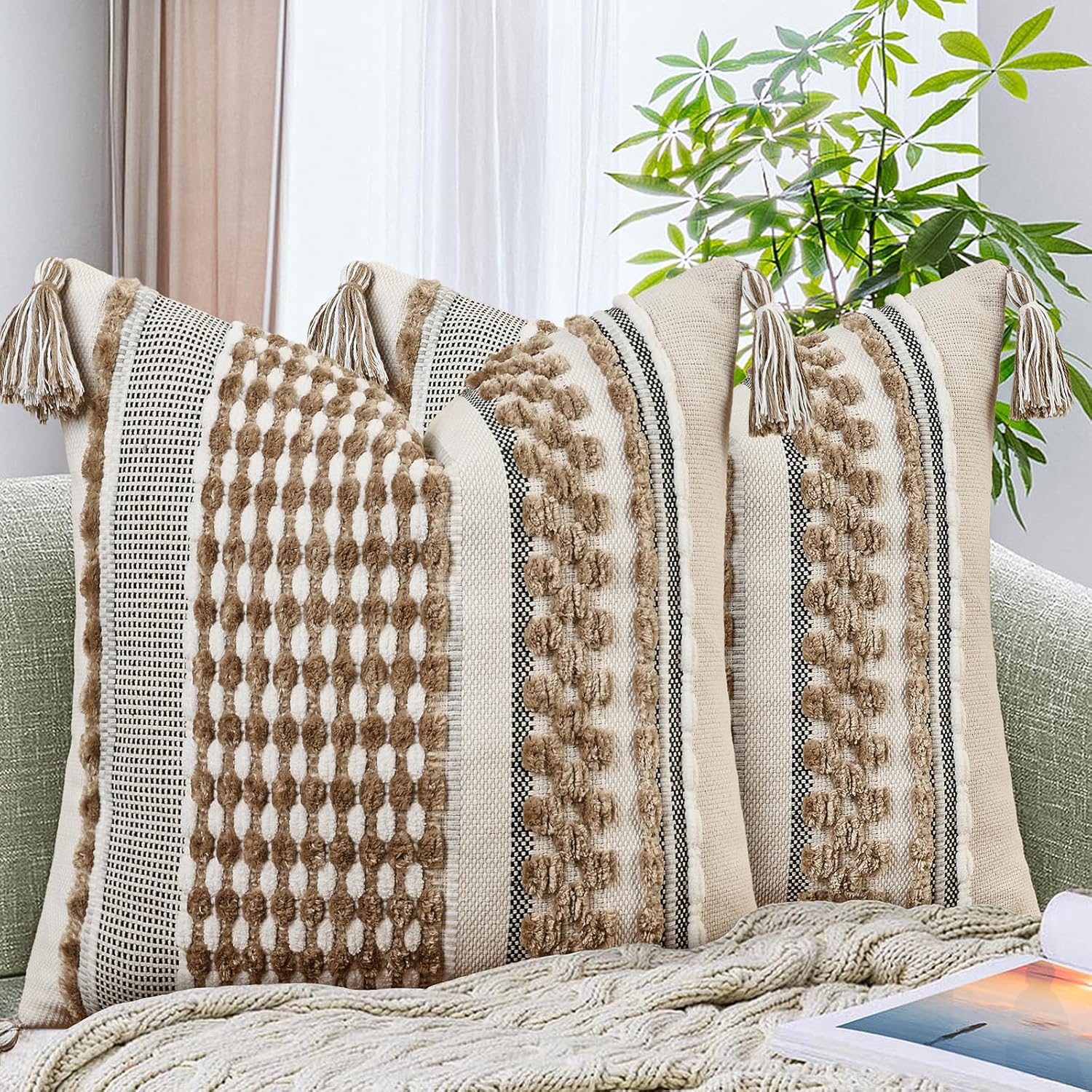 Chenille Boho Beige Throw Pillow Cover — 18" — 18" x 18" (Pack of 2)