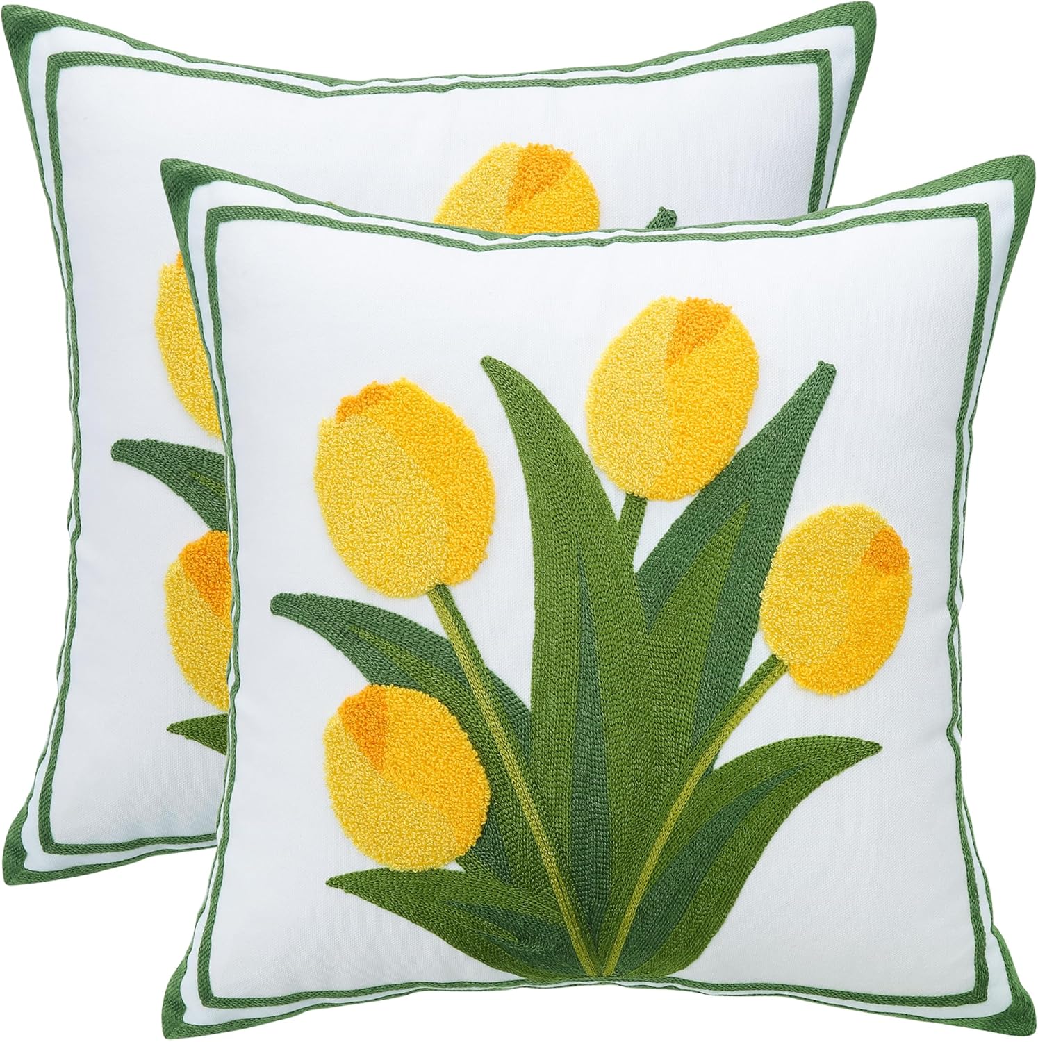 Embroidered Boho Blue Throw Pillow Cover — 18" — Yellow Tulip