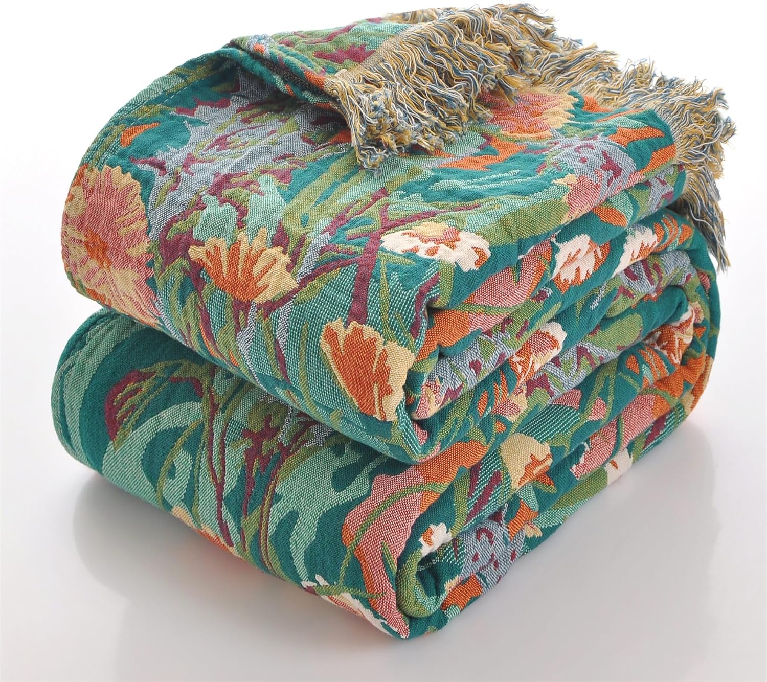Boho Blue Throw Pillow — 90" — Green Branches and Leaves