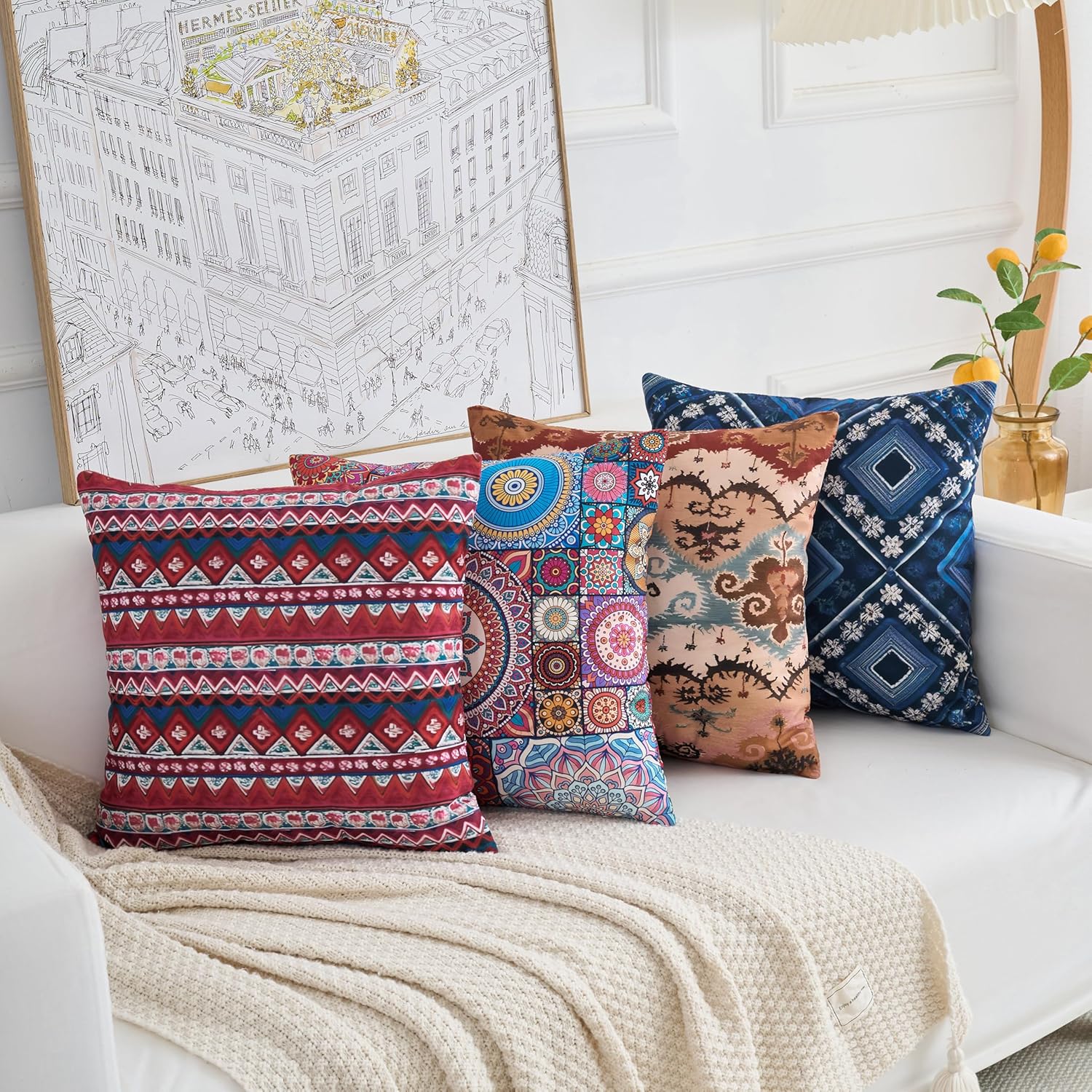 Velvet Boho Blue Throw Pillow Cover — 18" — 18" x 18" (Pack of 4)