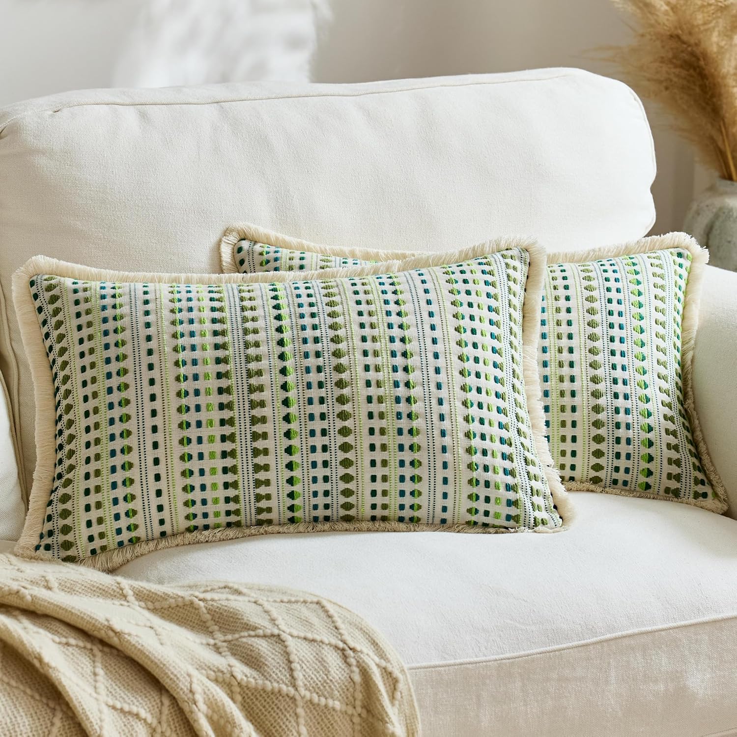 Embroidered Boho Beige Throw Pillow Cover — 20" — Green