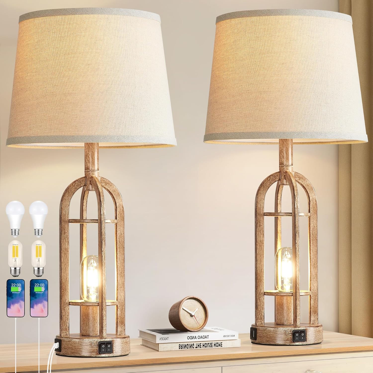 USB Farmhouse Black Bedside Lamp — 24" — 4.Wood