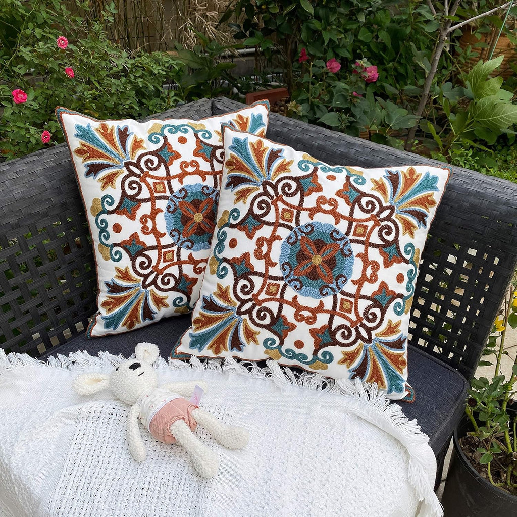 Embroidered Boho White Throw Pillow Cover — 18x18 - View 3