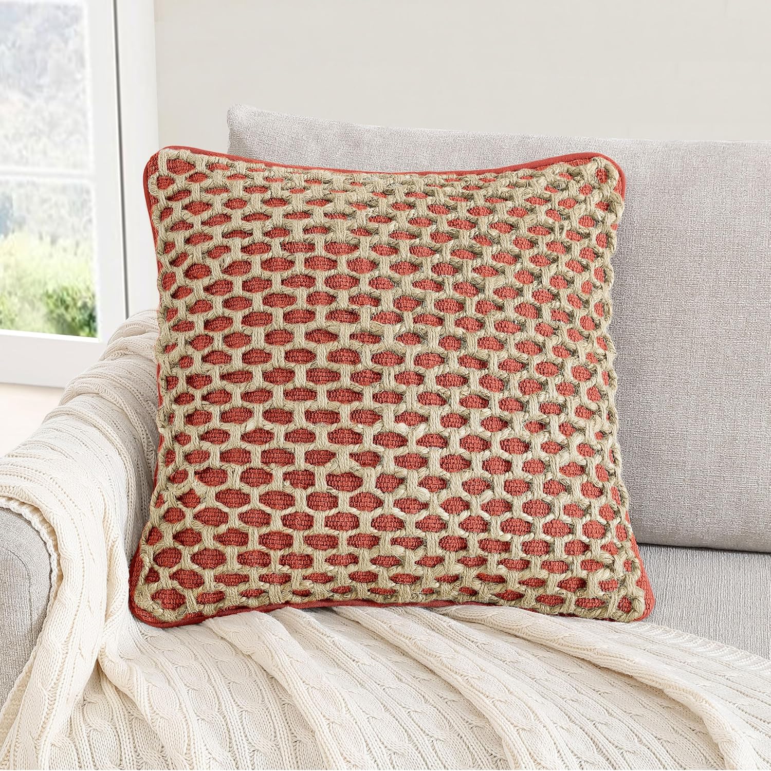 Boho Beige Pillow Cover — 20" — Rust