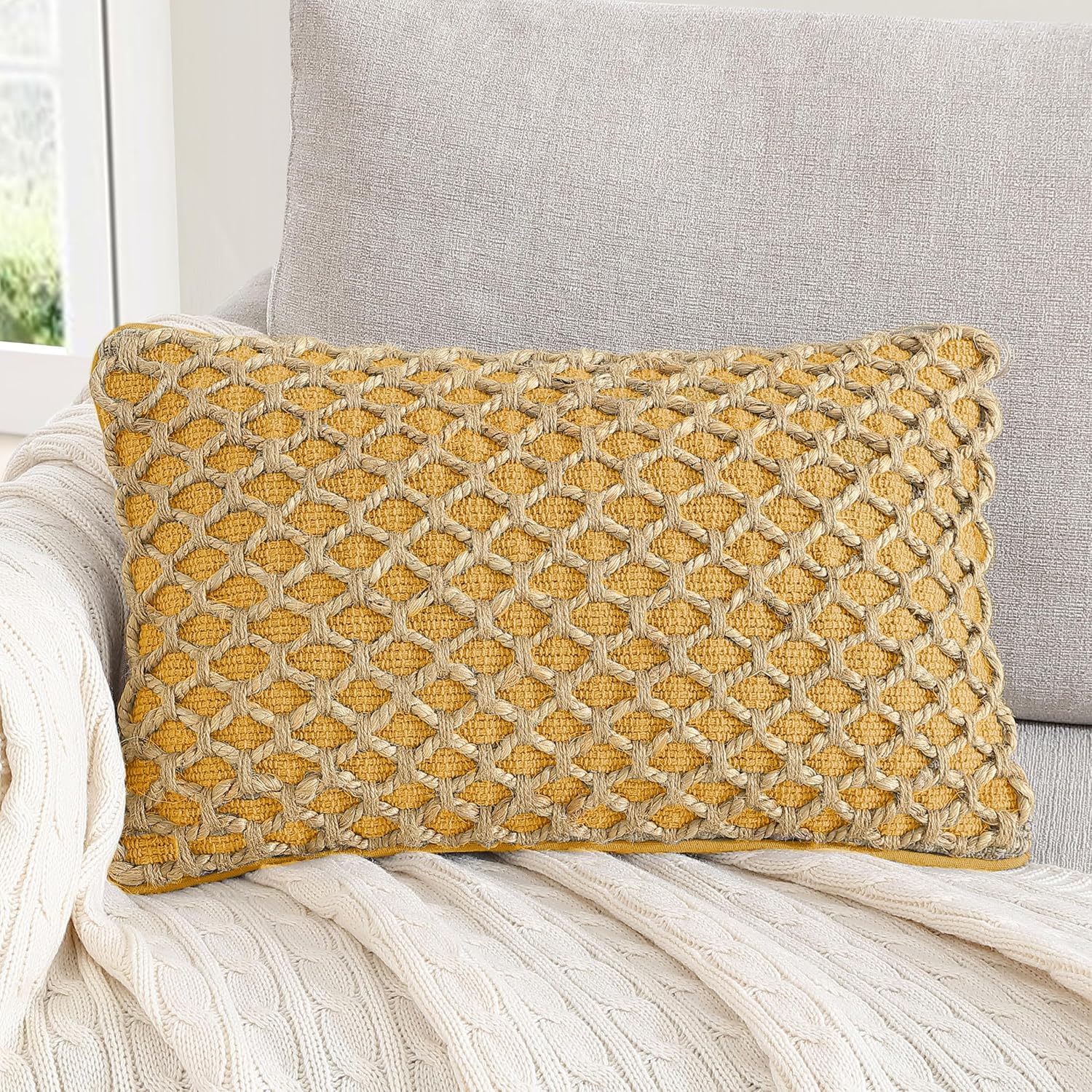 Boho Beige Pillow Cover — 20" — Mustard Yellow