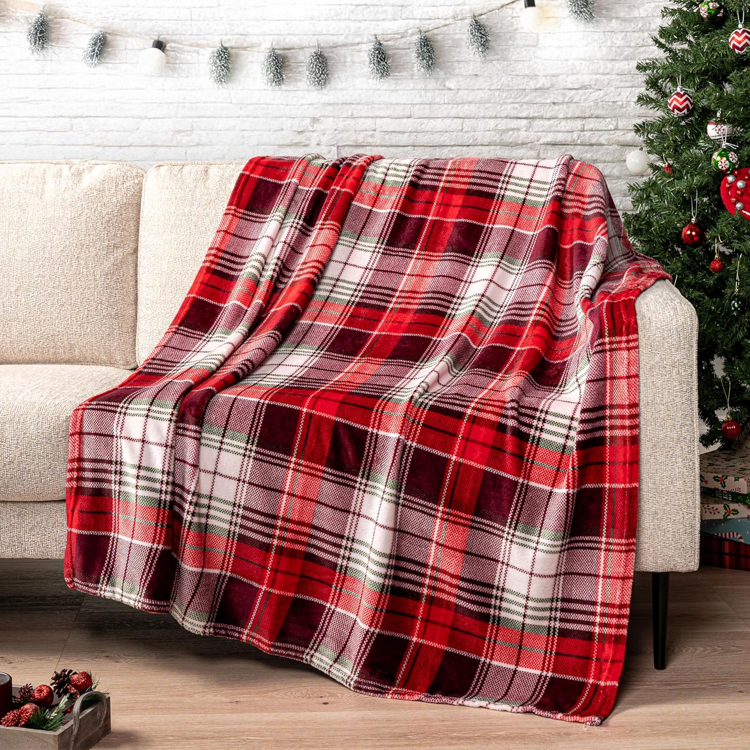 Beige Throw Pillow — 60" — Holiday - Plaid Red