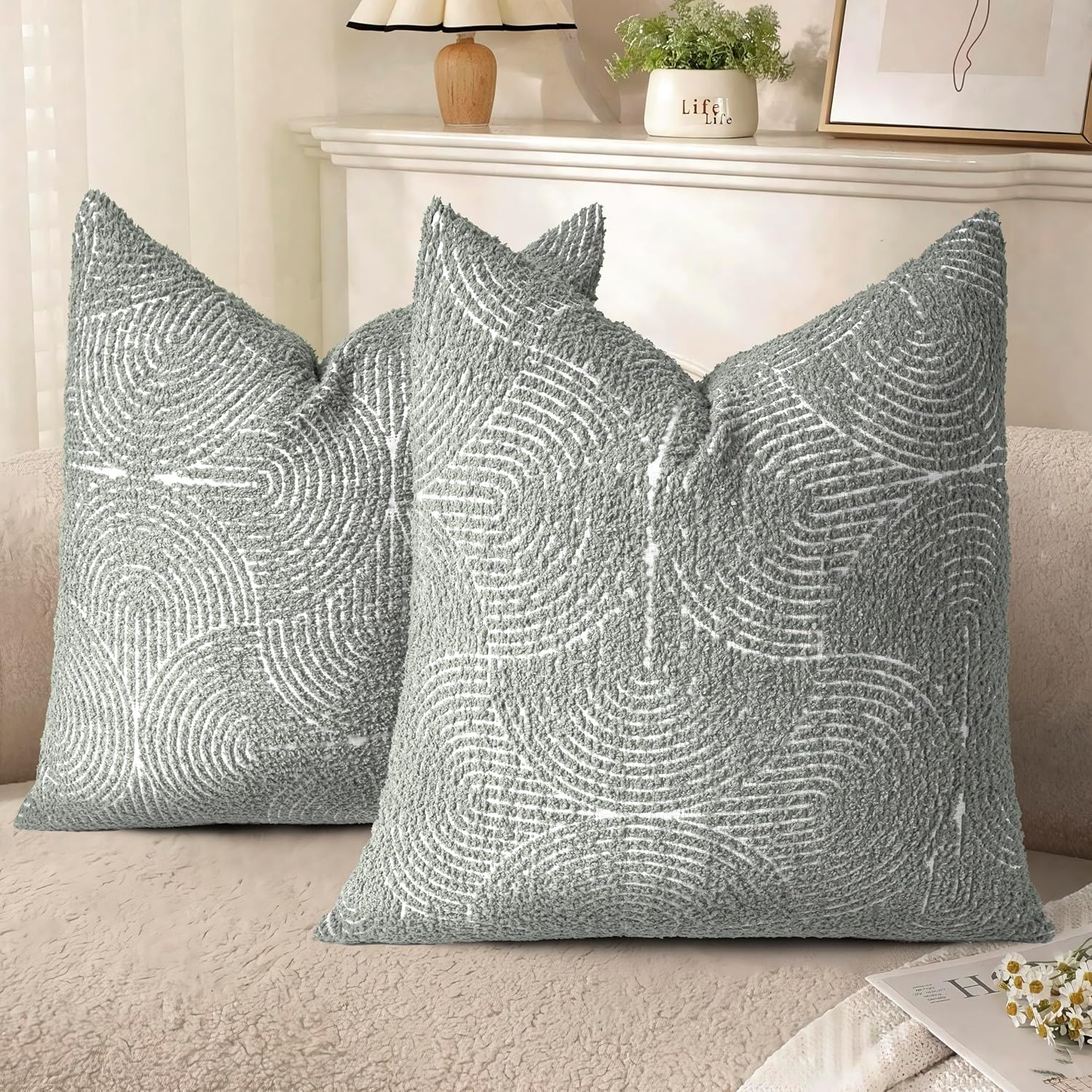 Tufted Boho Beige Throw Pillow Cover — 18" — Slate Pale Blue Gray