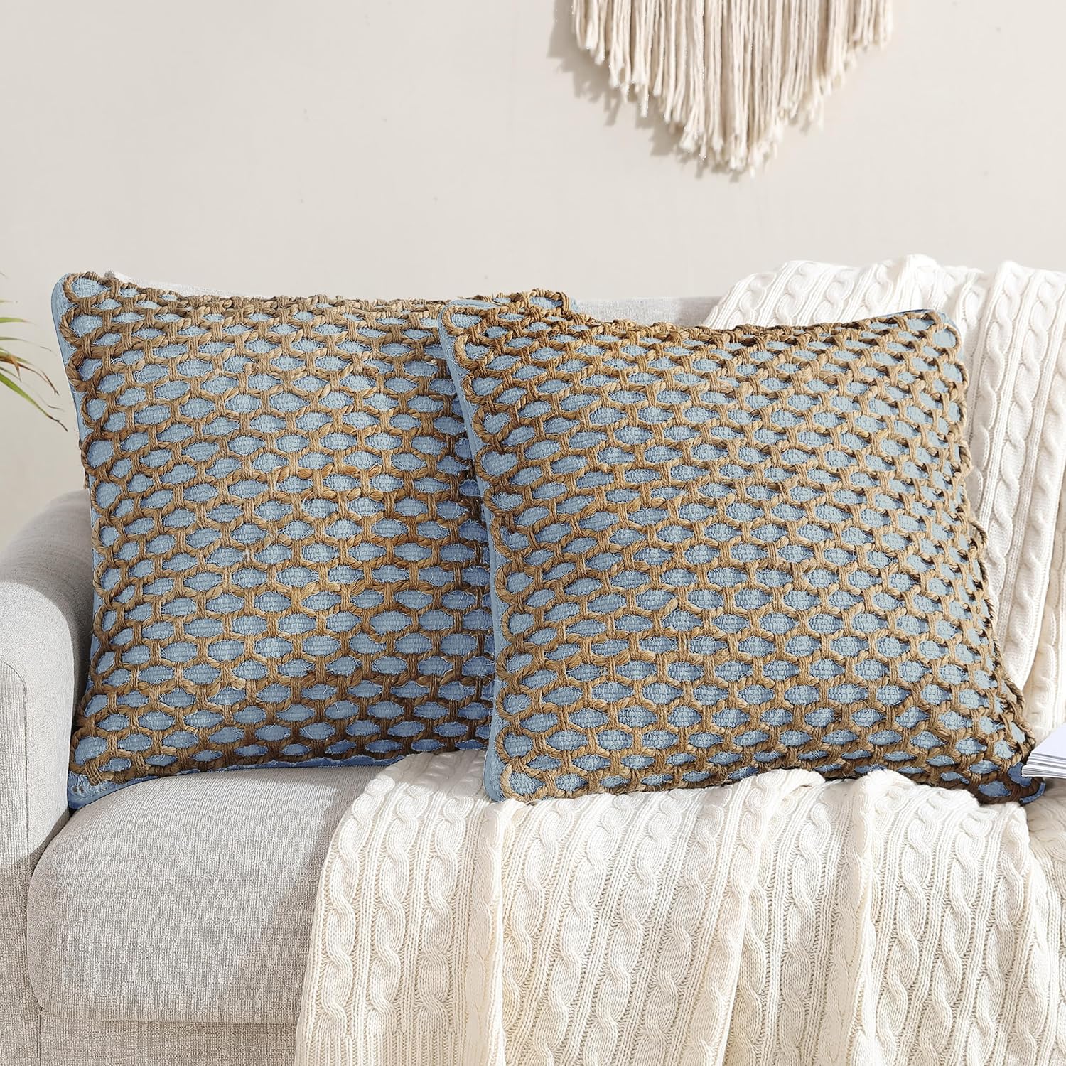 Boho Beige Pillow Cover — 20" — Light Blue