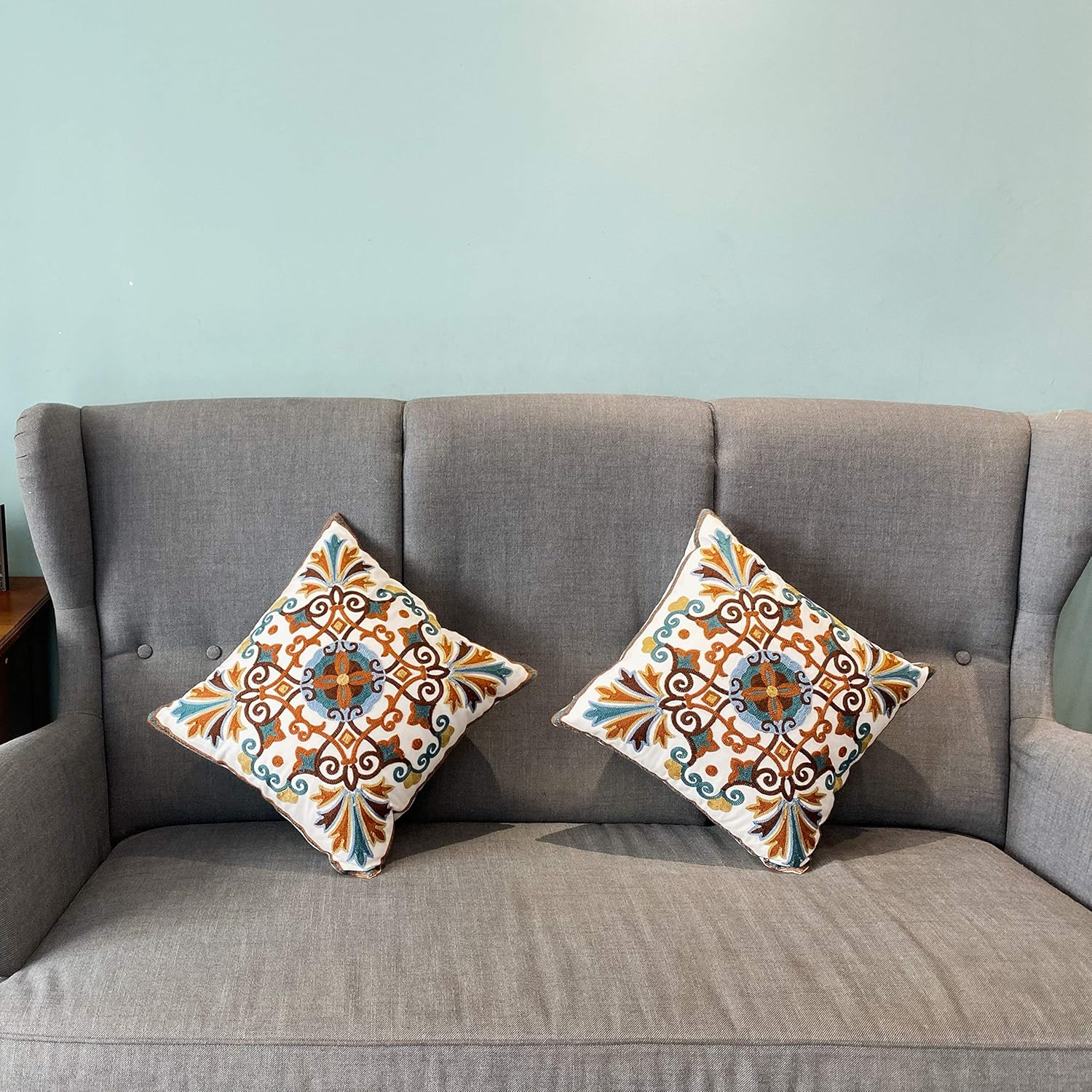 Embroidered Boho White Throw Pillow Cover — 18x18 - View 9