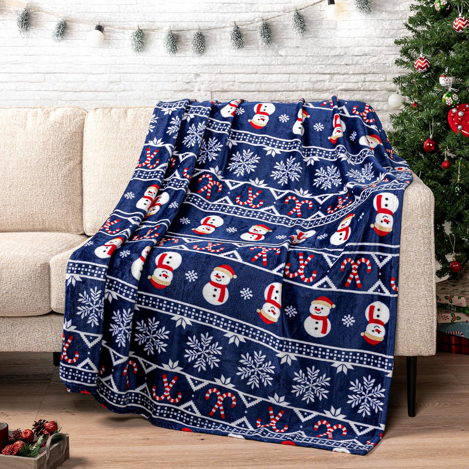 Beige Throw Pillow — 60" — Blue Christmas