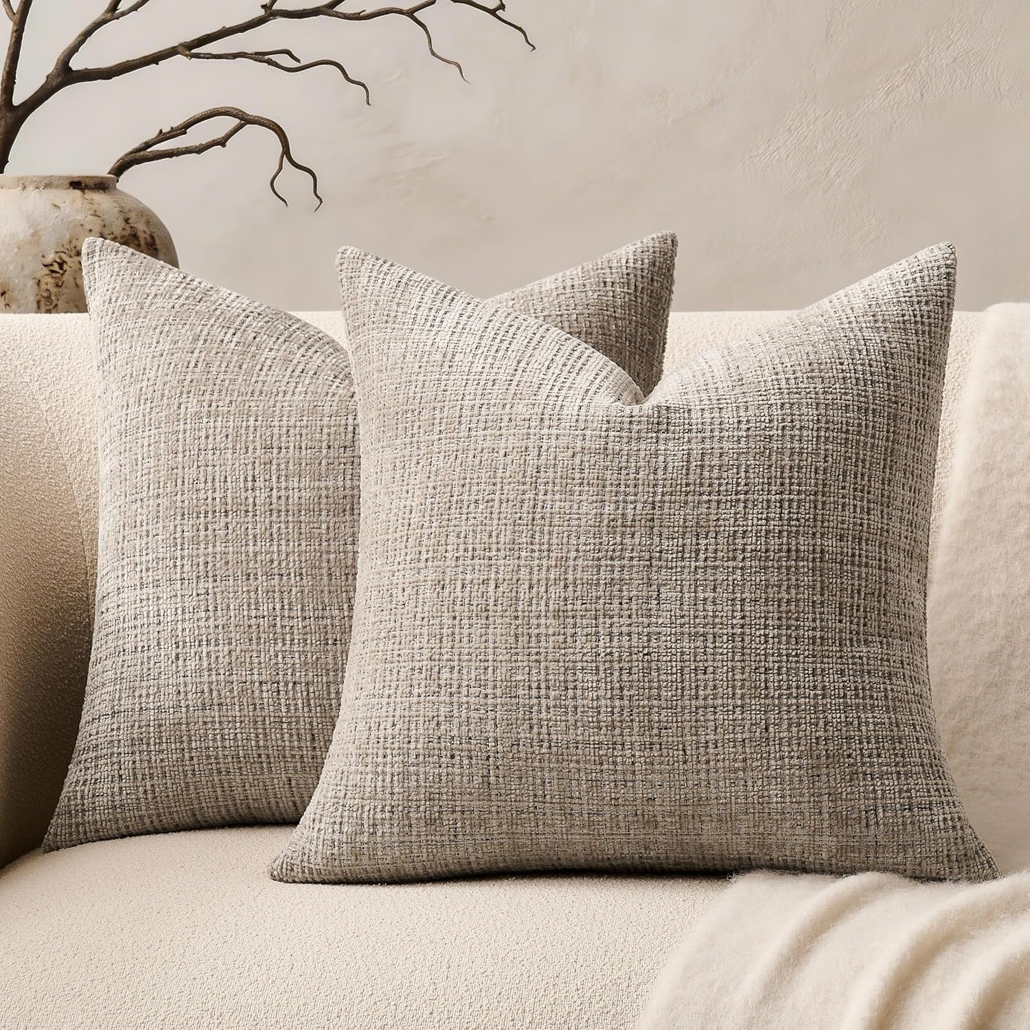 Chenille Boho Blue Throw Pillow Cover — 20" — Latte