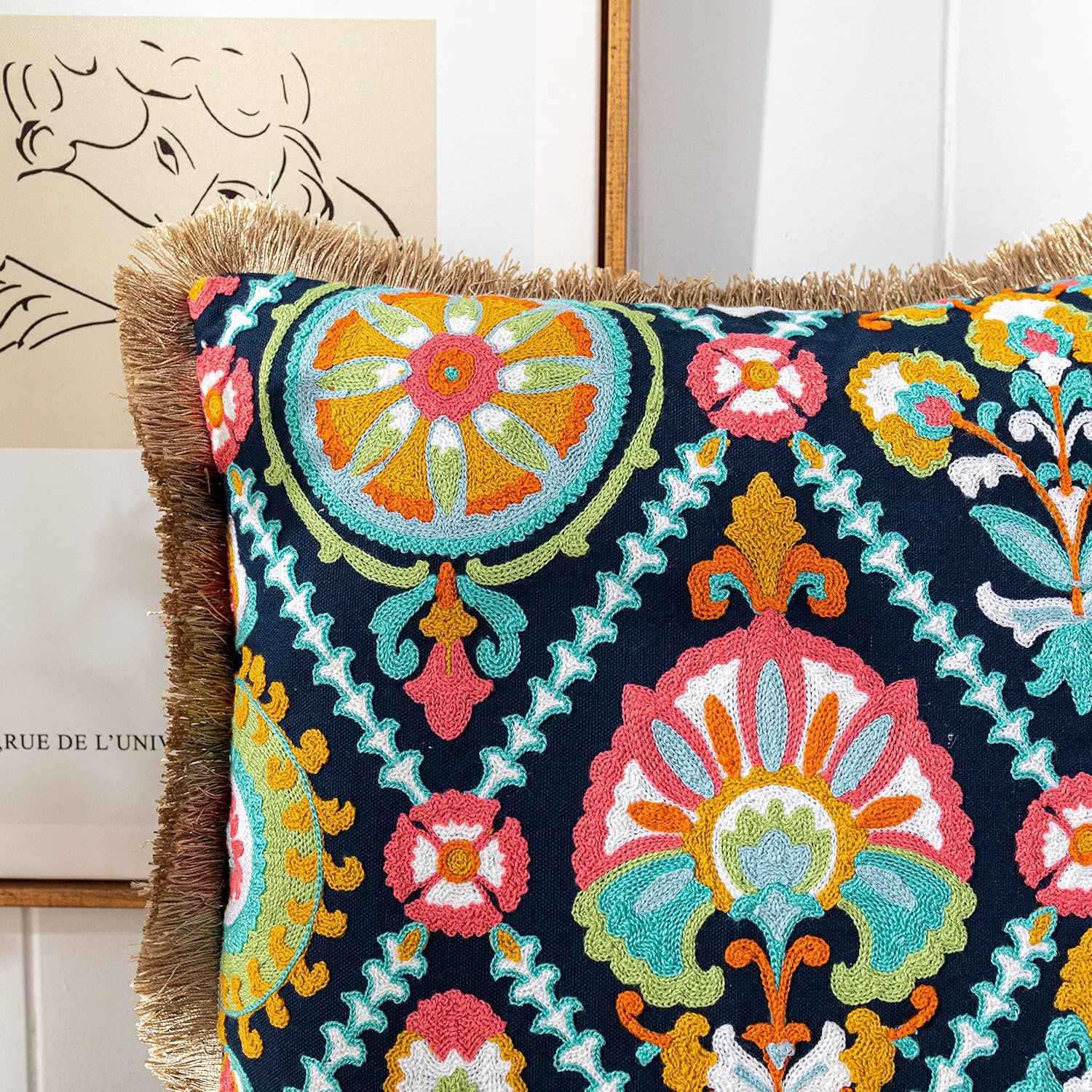 Embroidered Boho Blue Throw Pillow Cover — 18" - View 2