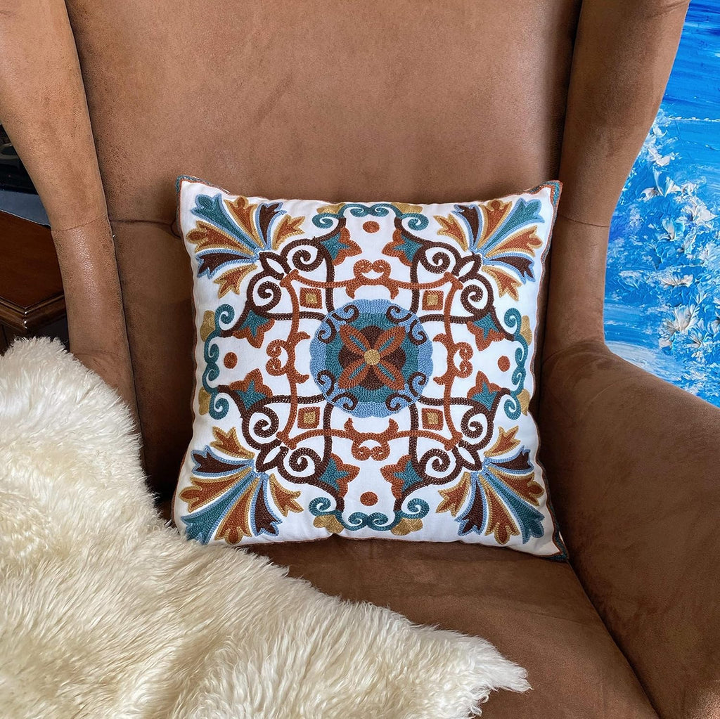 Embroidered Boho White Throw Pillow Cover — 18x18 - View 4