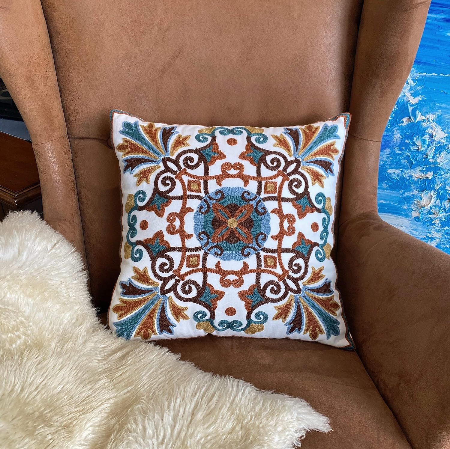 Embroidered Boho White Throw Pillow Cover — 18x18 - View 4